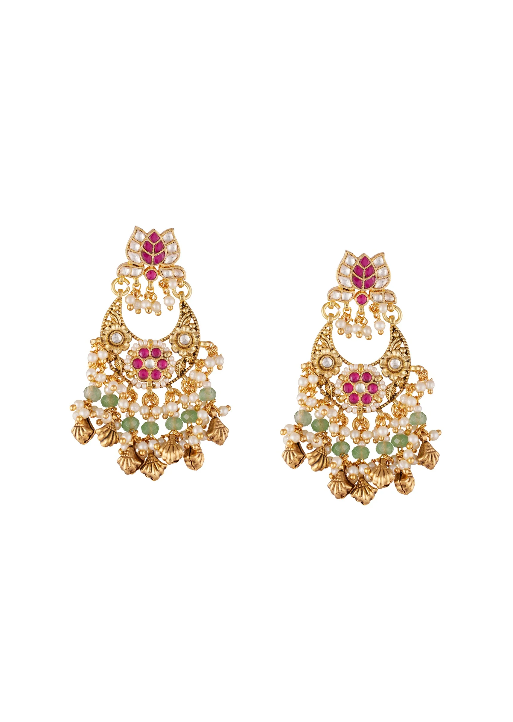 Gold Toned Chandbali Earrings With Kundan And Stone And Pearl Detailing - Image 2