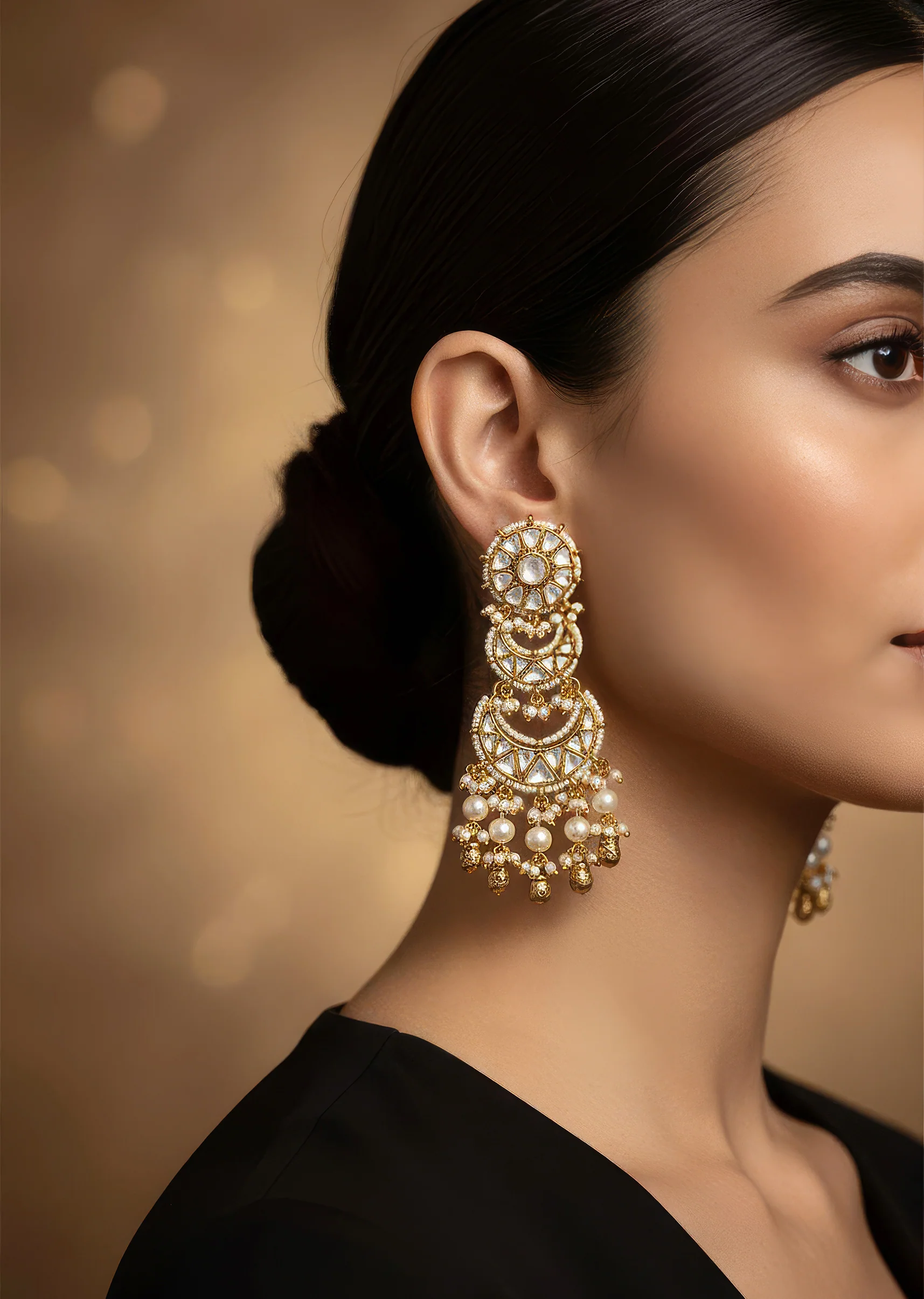 Gold Toned Earrings In Chandbali Style With Kundan And Stone And Pearl Detailing