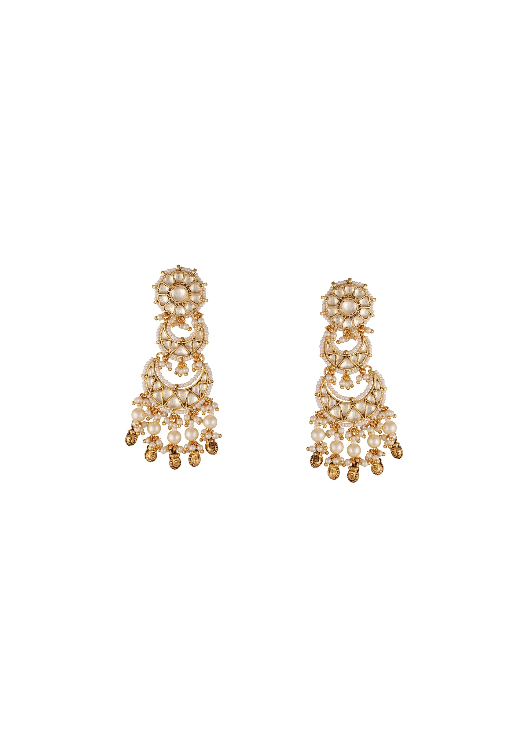 Gold Toned Earrings In Chandbali Style With Kundan And Stone And Pearl Detailing - Image 2