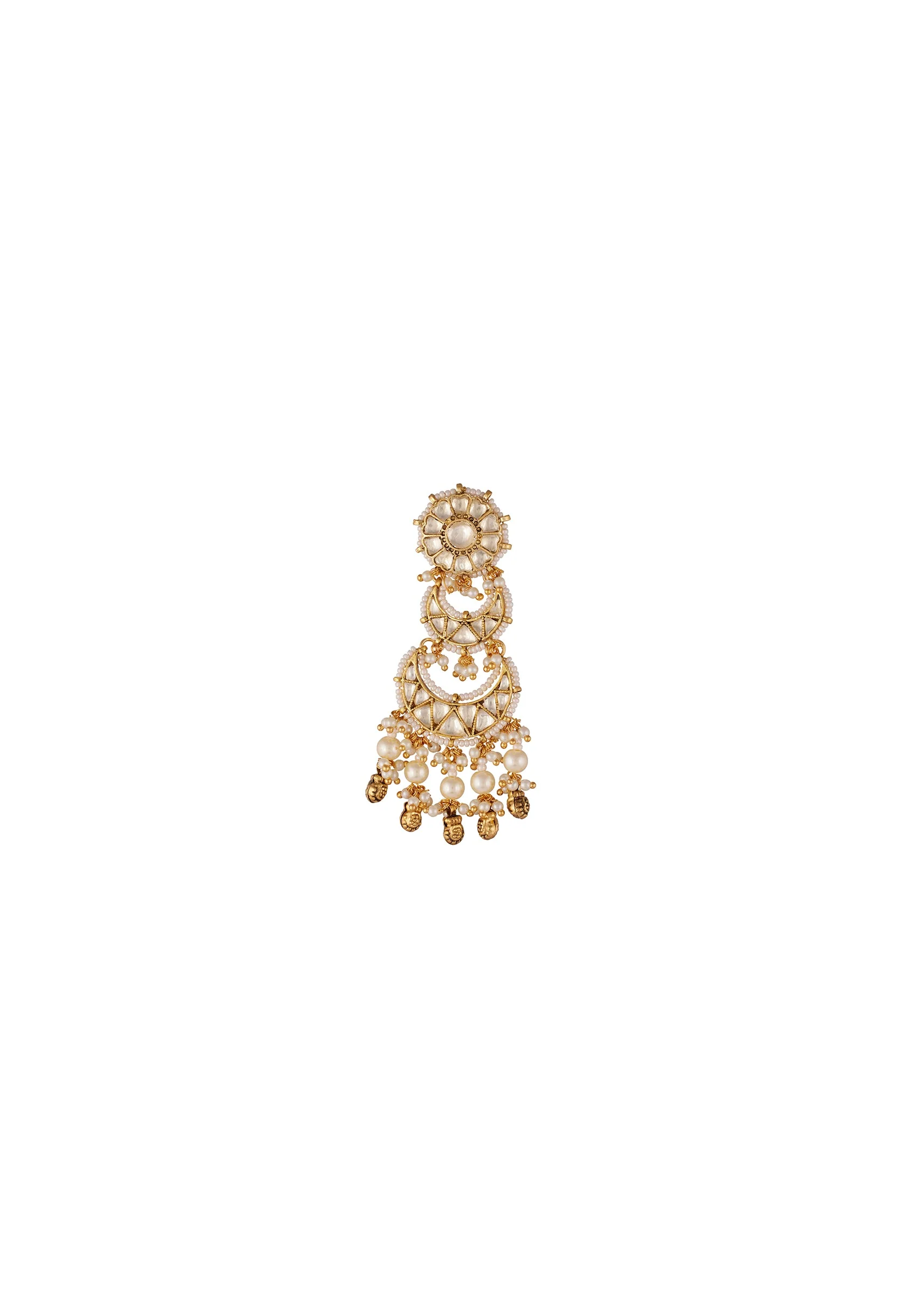 Gold Toned Earrings In Chandbali Style With Kundan And Stone And Pearl Detailing - Image 3