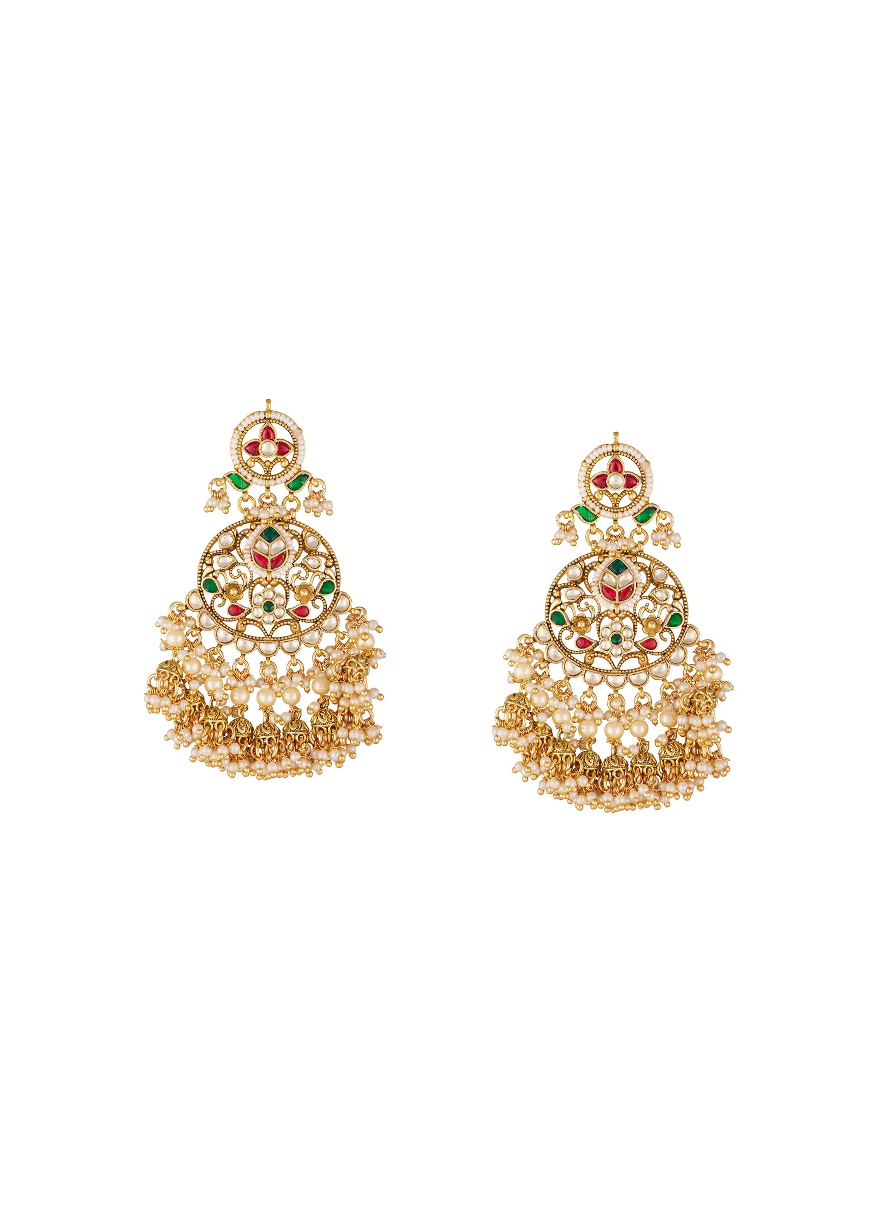 Gold Toned Earrings In Drop Style With Kundan And Multi Stone And Pearl Detailing - Image 2