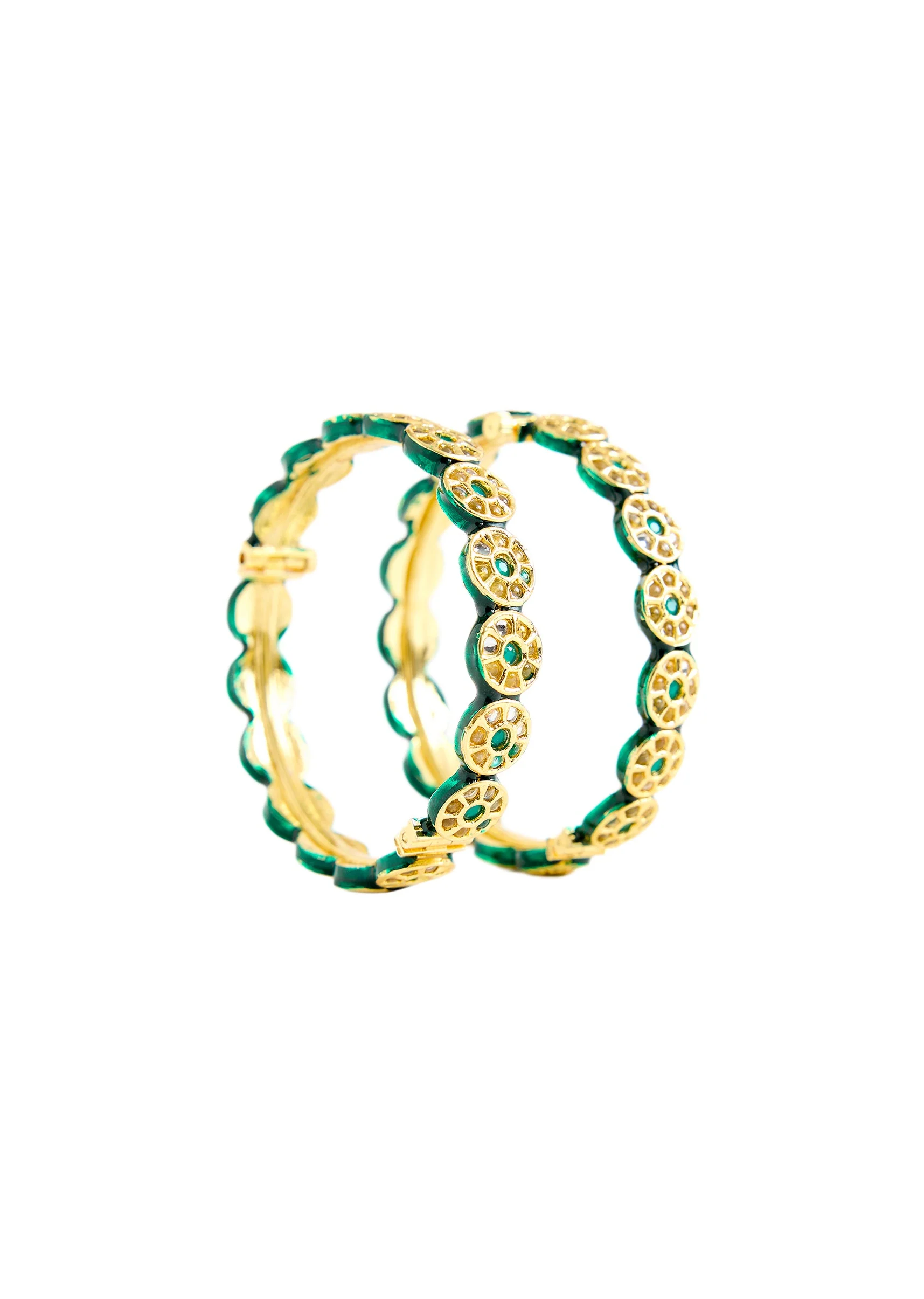 Gold Toned Green Stone And Pearl Embellished Bangles - Image 2