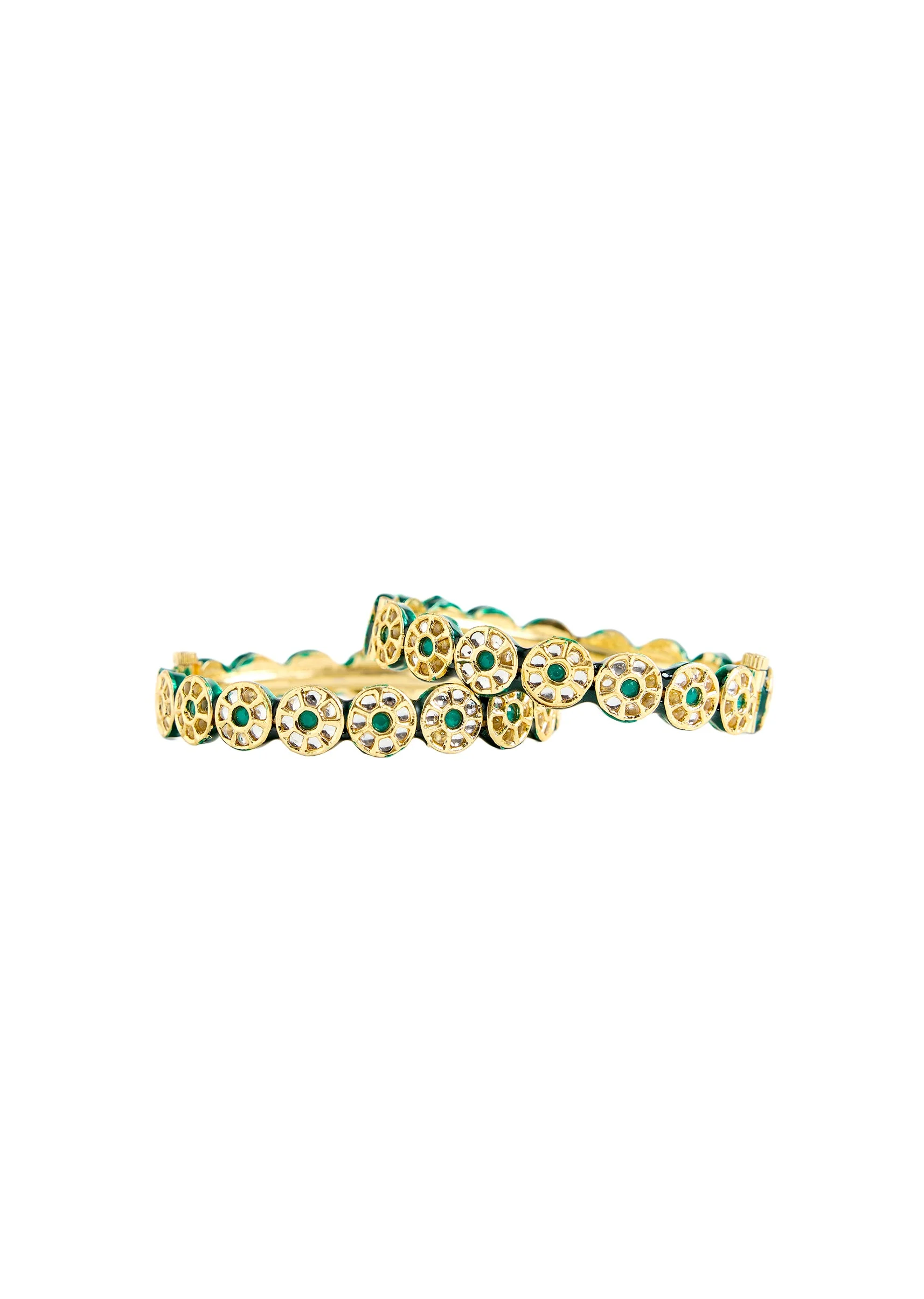 Gold Toned Green Stone And Pearl Embellished Bangles - Image 3