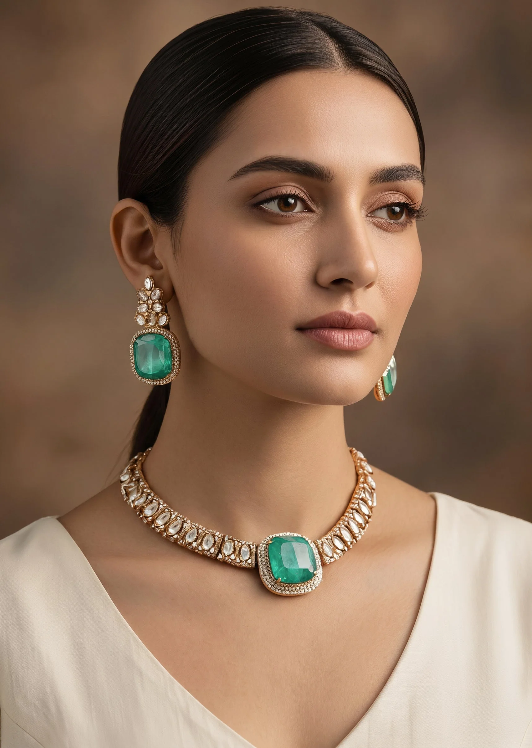 Gold Toned Mint Green Stone Necklace Set