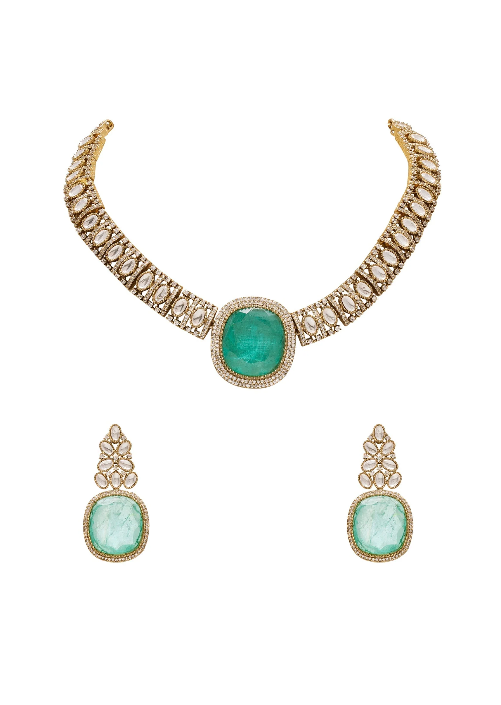 Gold Toned Mint Green Stone Necklace Set - Image 2