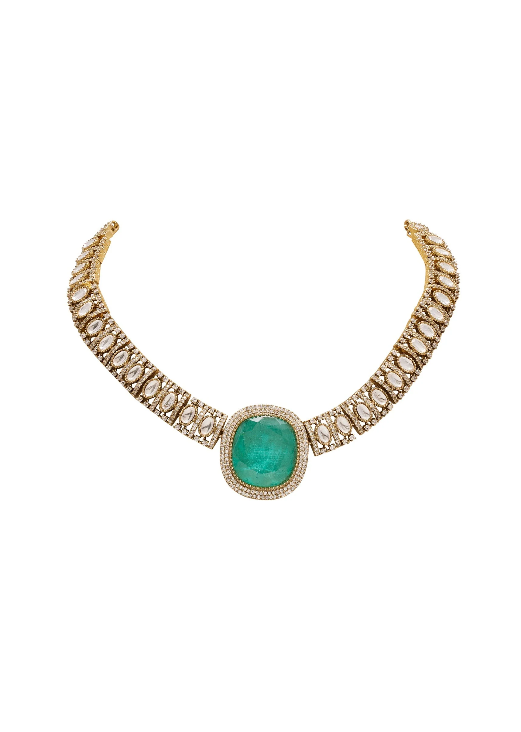 Gold Toned Mint Green Stone Necklace Set - Image 3