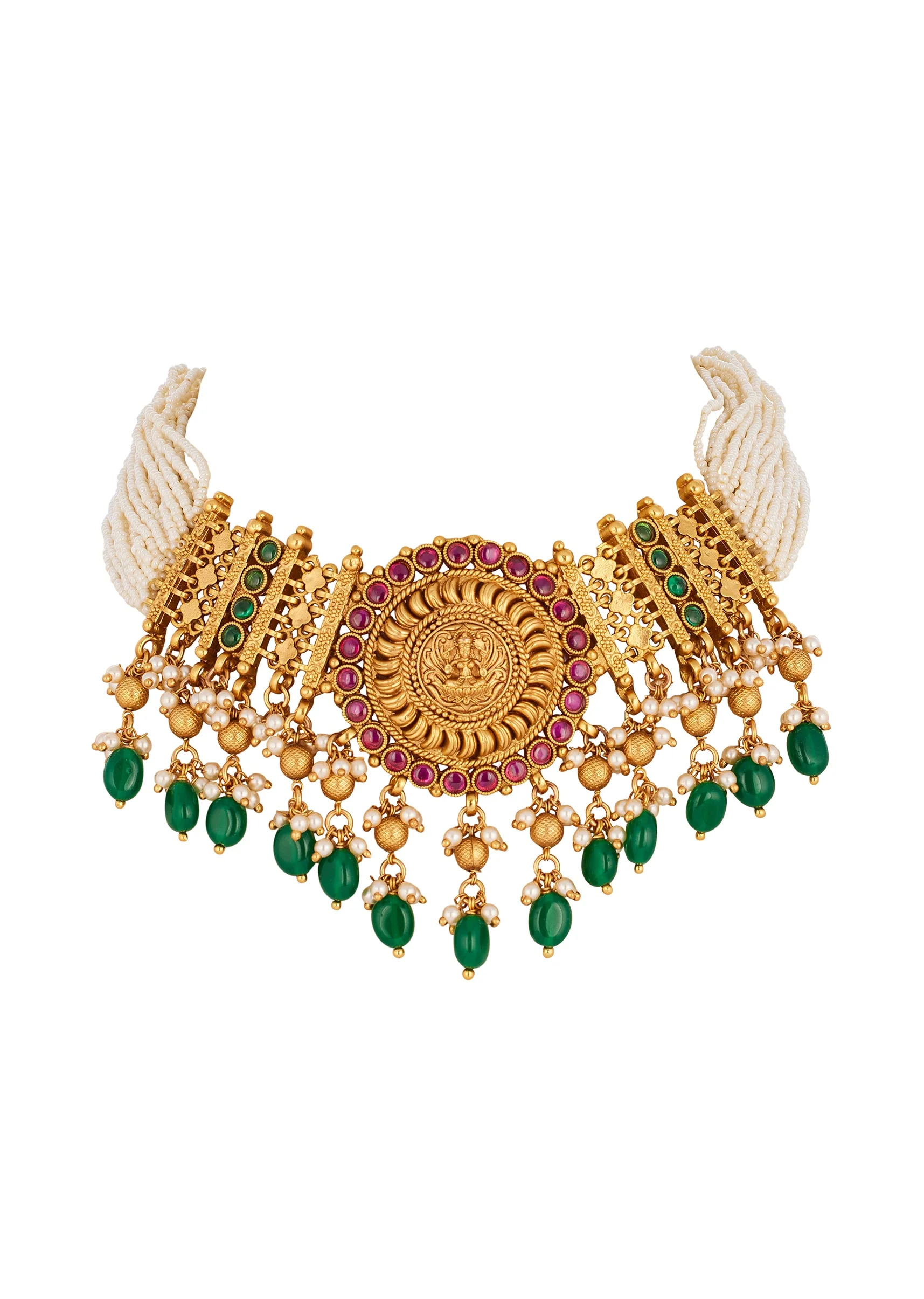 Gold Toned Necklace Set With Traditional Temple Motifs And Green White and Pink Simulated Stones - Image 3