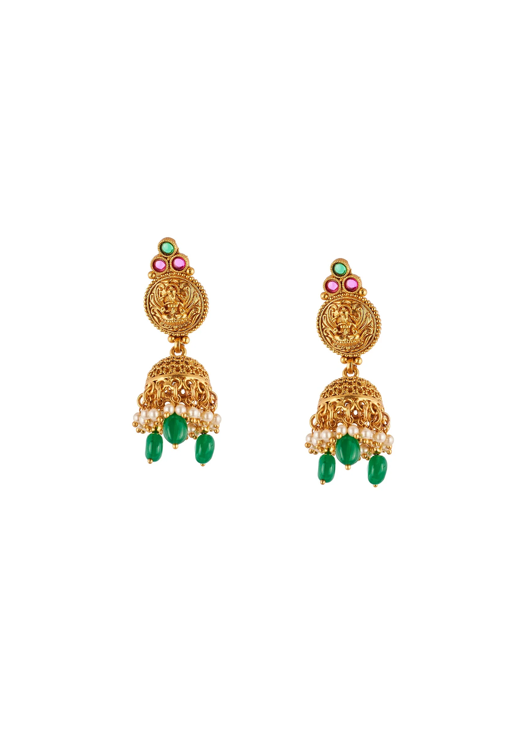 Gold Toned Necklace Set With Traditional Temple Motifs And Green White and Pink Simulated Stones - Image 4