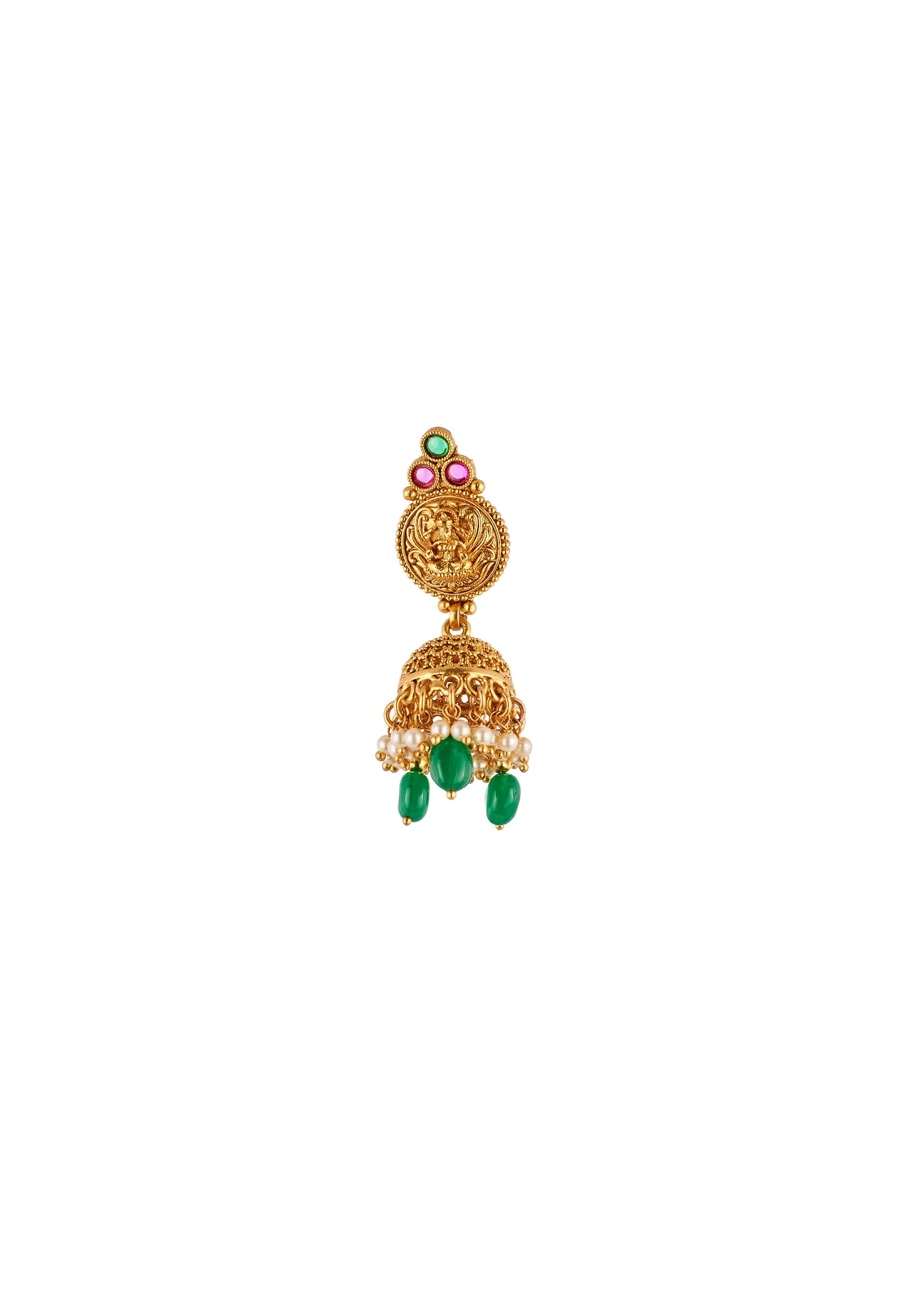 Gold Toned Necklace Set With Traditional Temple Motifs And Green White and Pink Simulated Stones - Image 5