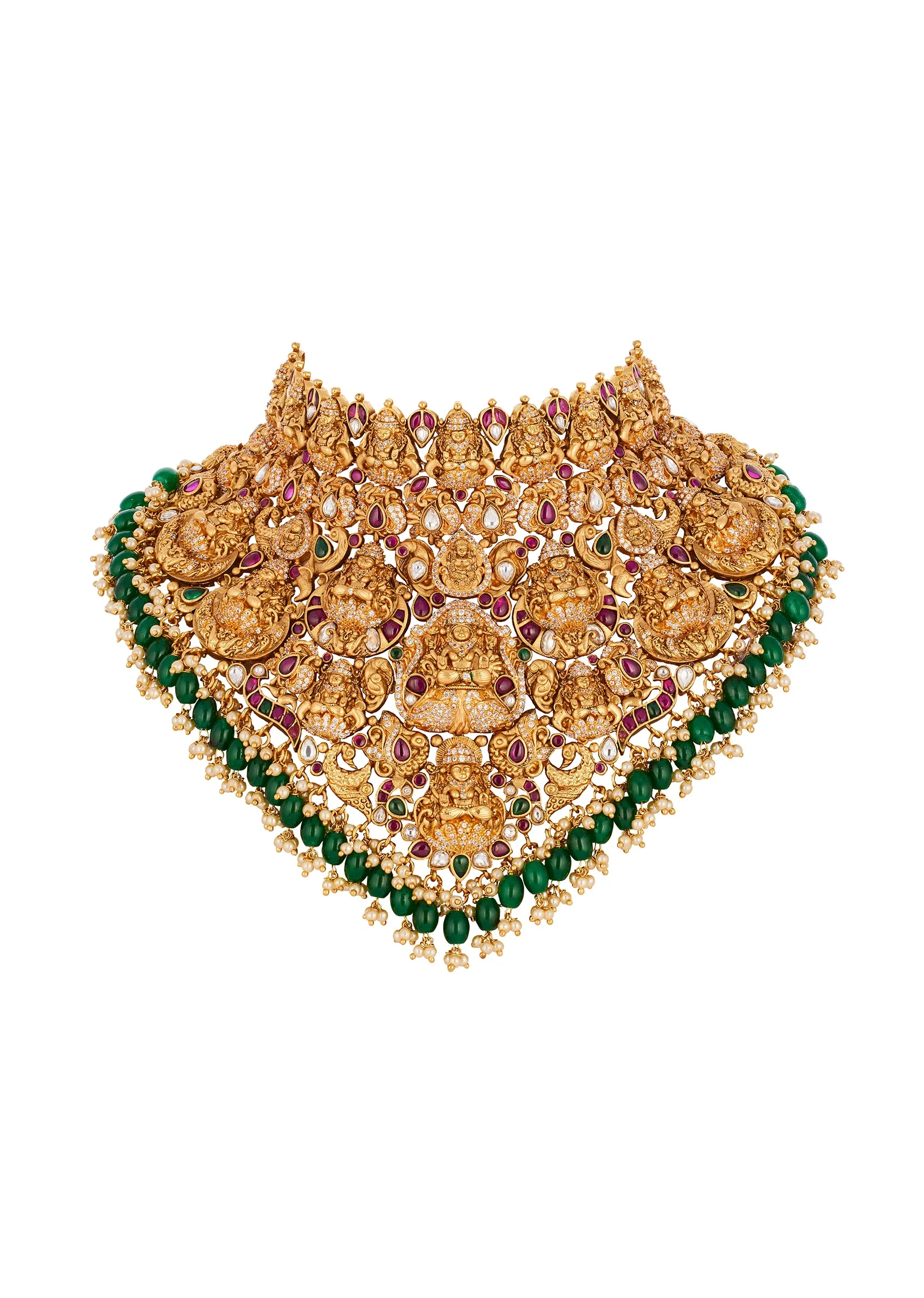 Gold Toned Necklace Set With Traditional Temple Motifs And Pink and Green Simulated Stones - Image 2