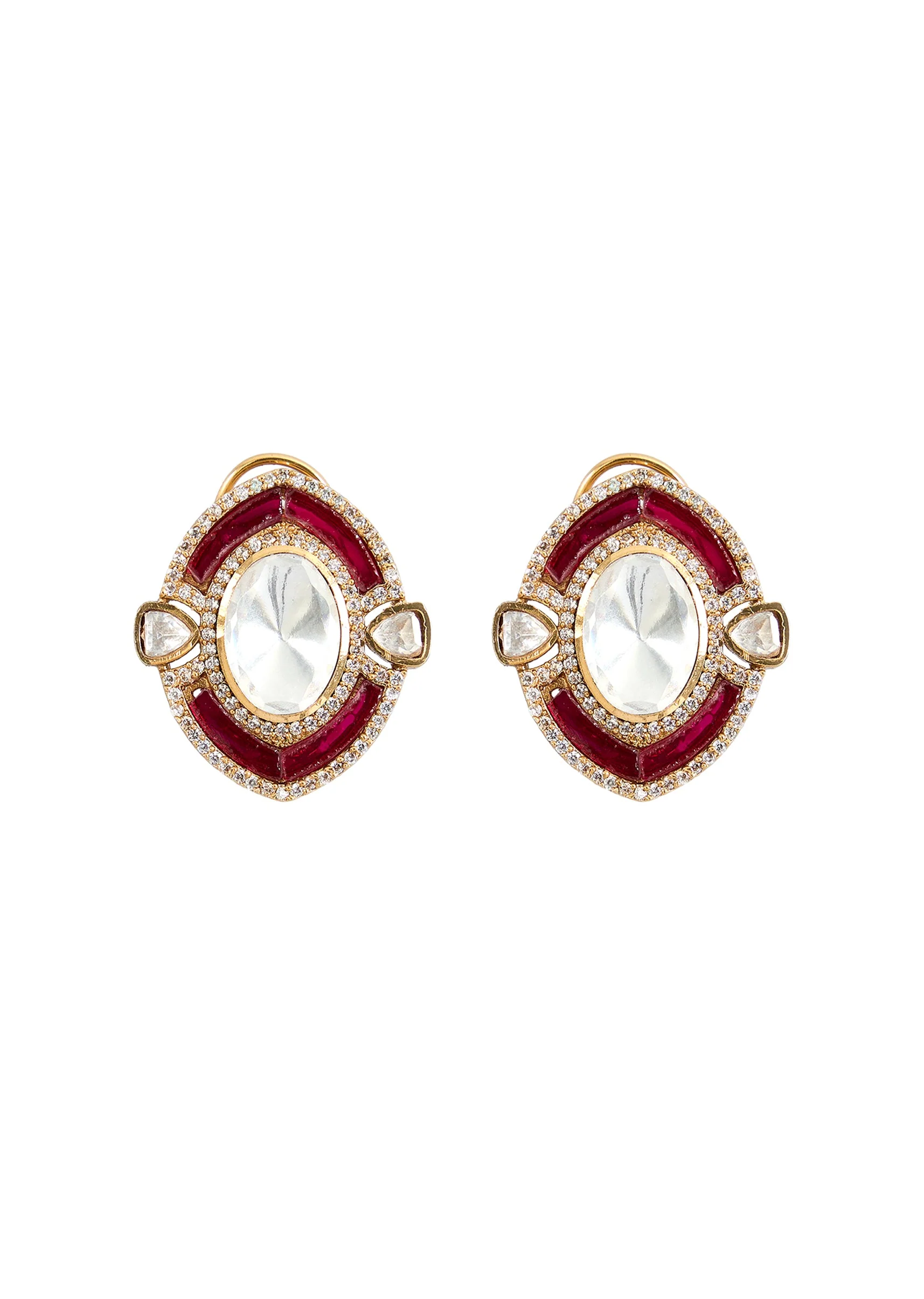 Gold Toned Polki Necklace Set With Matching Studs - Image 4