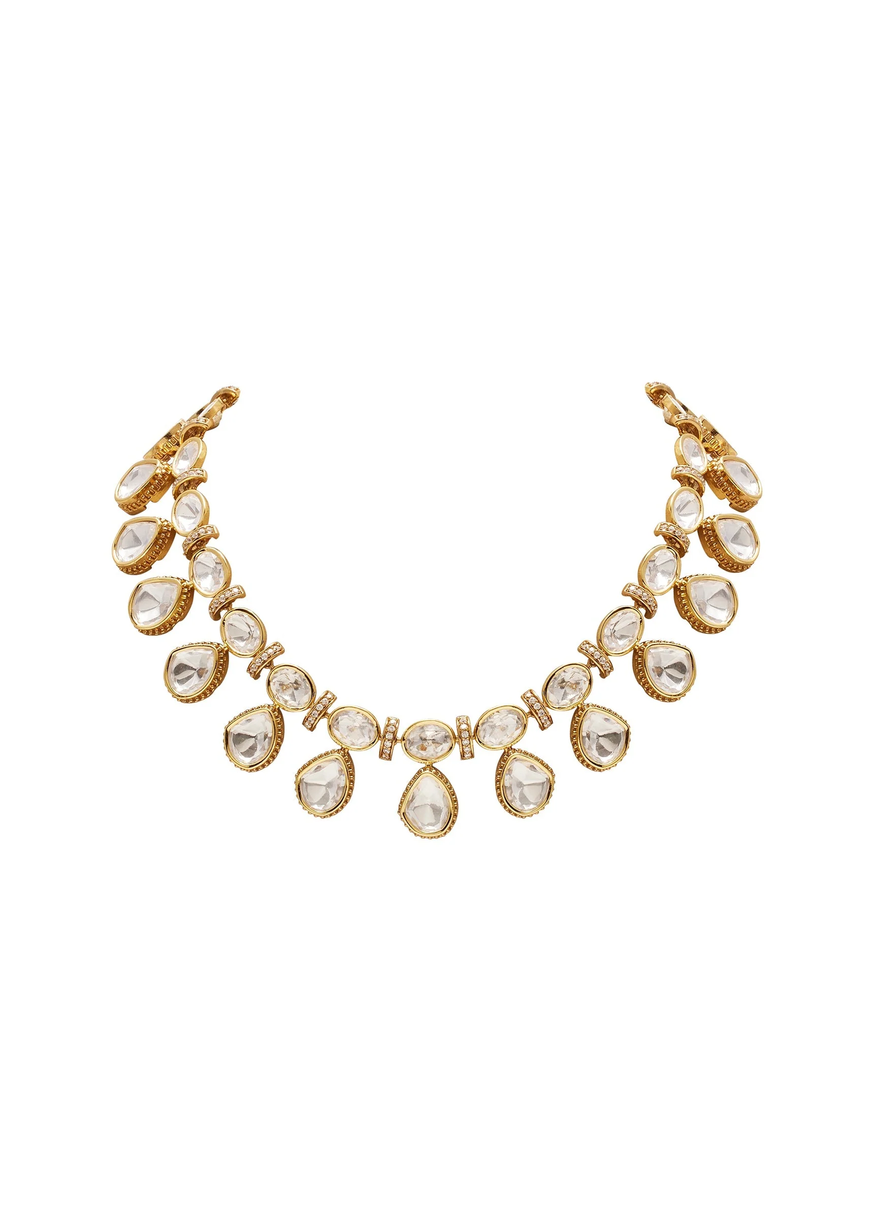 Gold Toned Polki Pearl Drop Necklace Set - Image 3