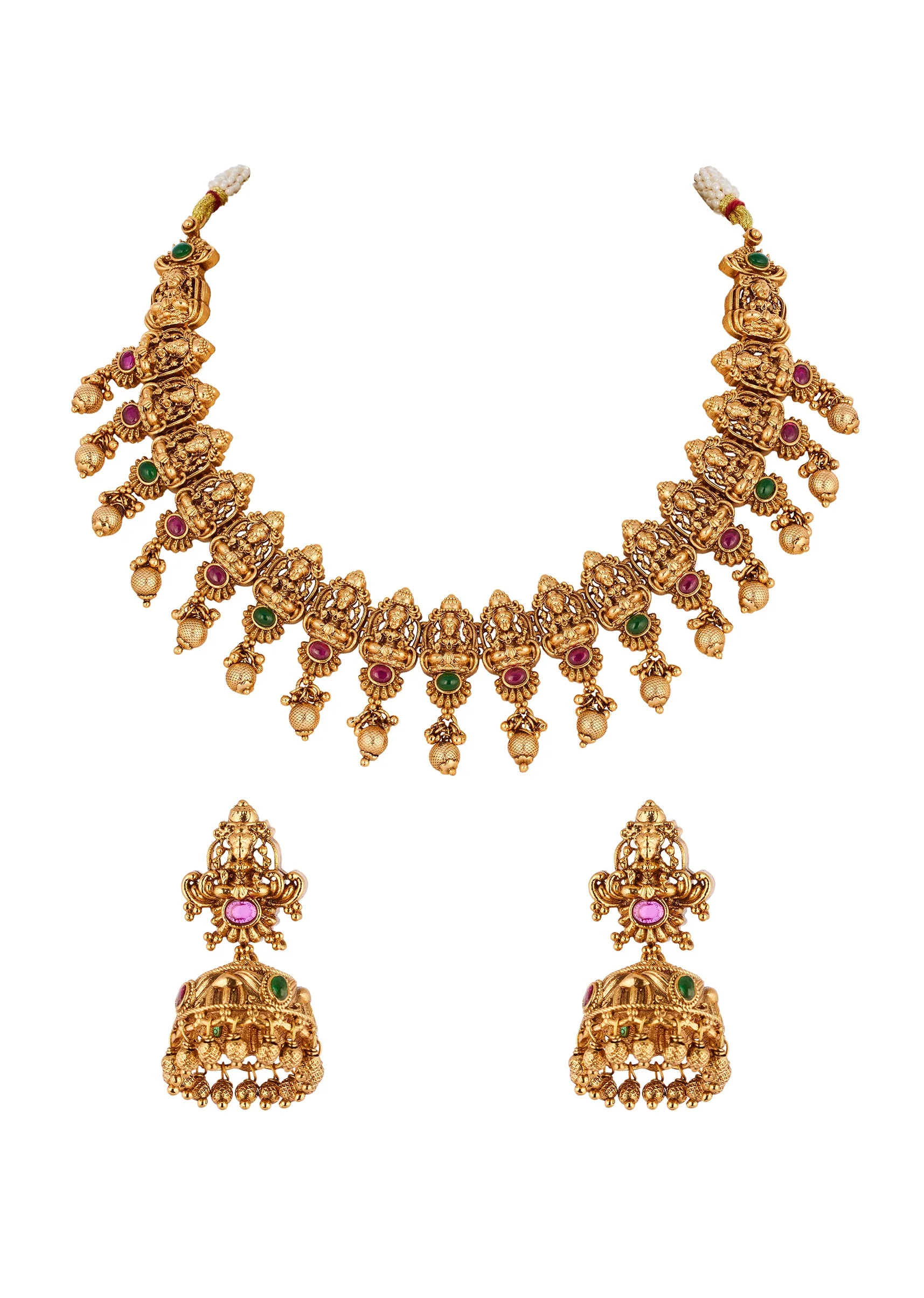 Gold Toned Temple Style Jewellery Set With Pink and Green Simulated Stones - Image 2
