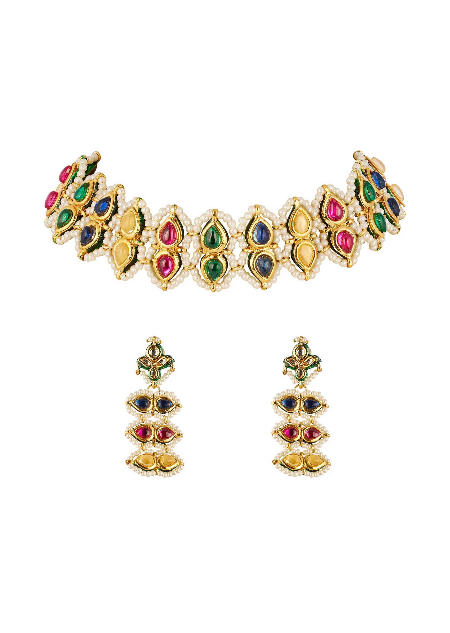 Gold Traditional Kundan Necklace Set with Faux Pearl and Multi Stones