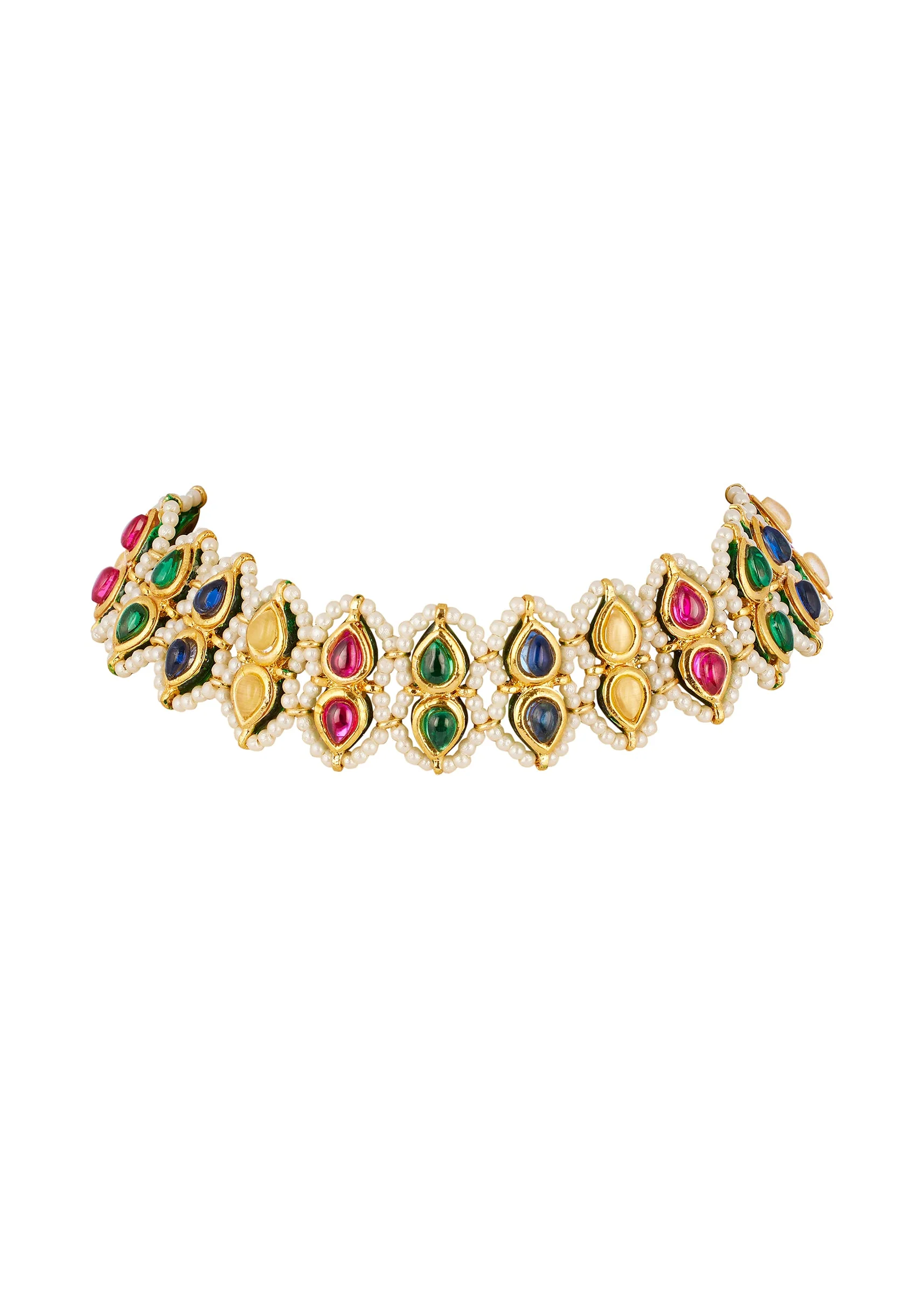 Gold Traditional Kundan Necklace Set with Faux Pearl and Multi Stones - Image 2