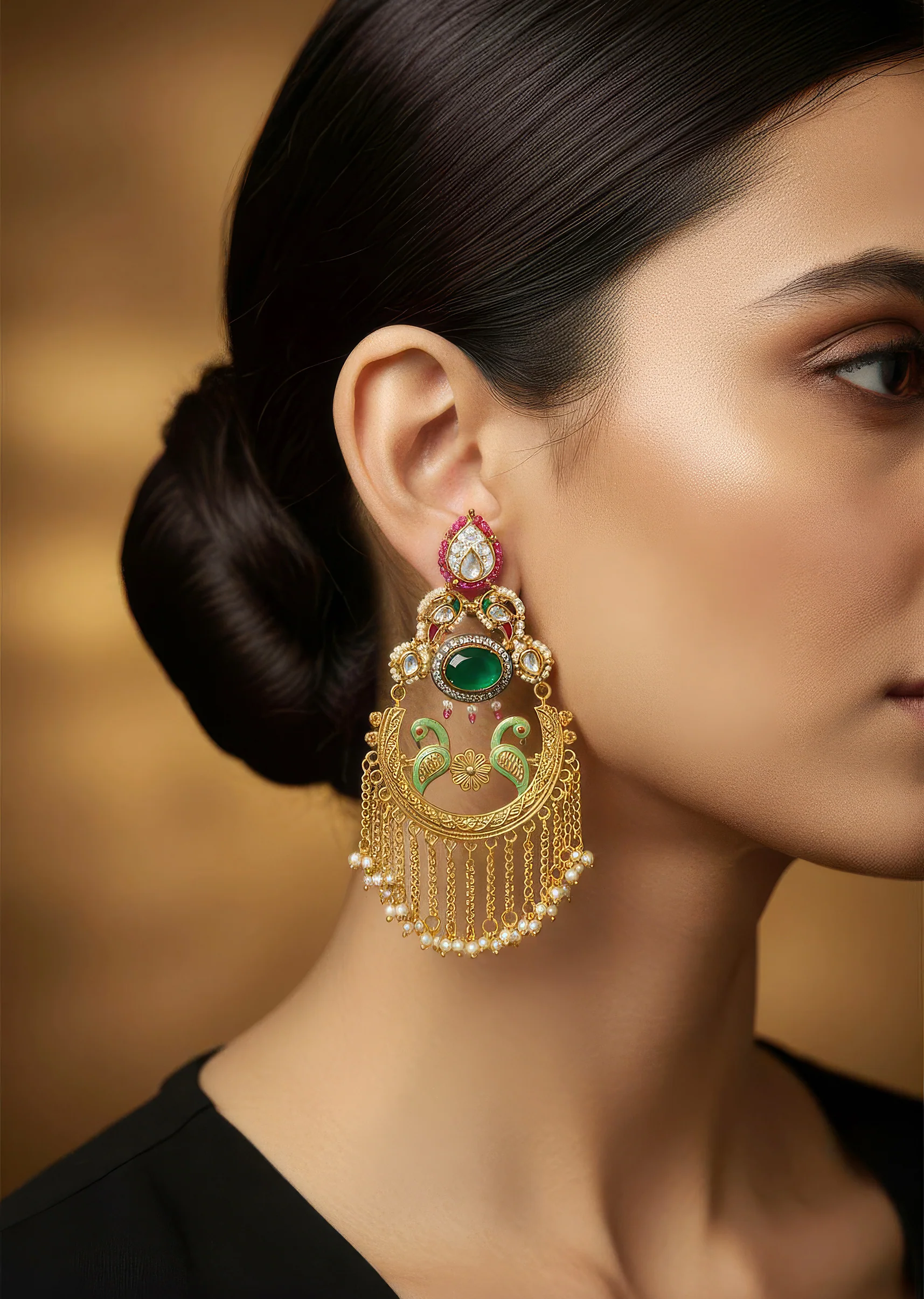 Gold Traditional Kundan Polki Chandbali Earrings with Stones