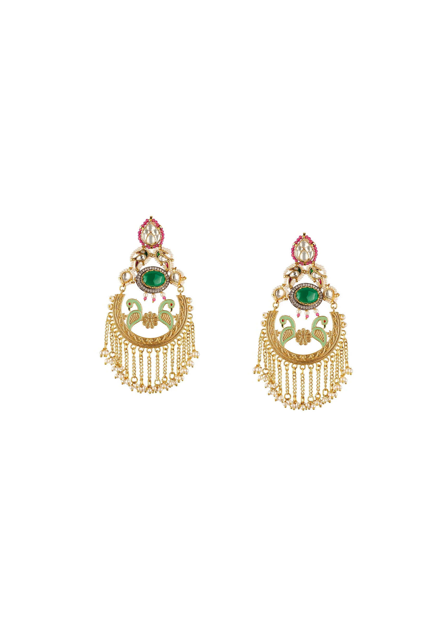 Gold Traditional Kundan Polki Chandbali Earrings with Stones - Image 2
