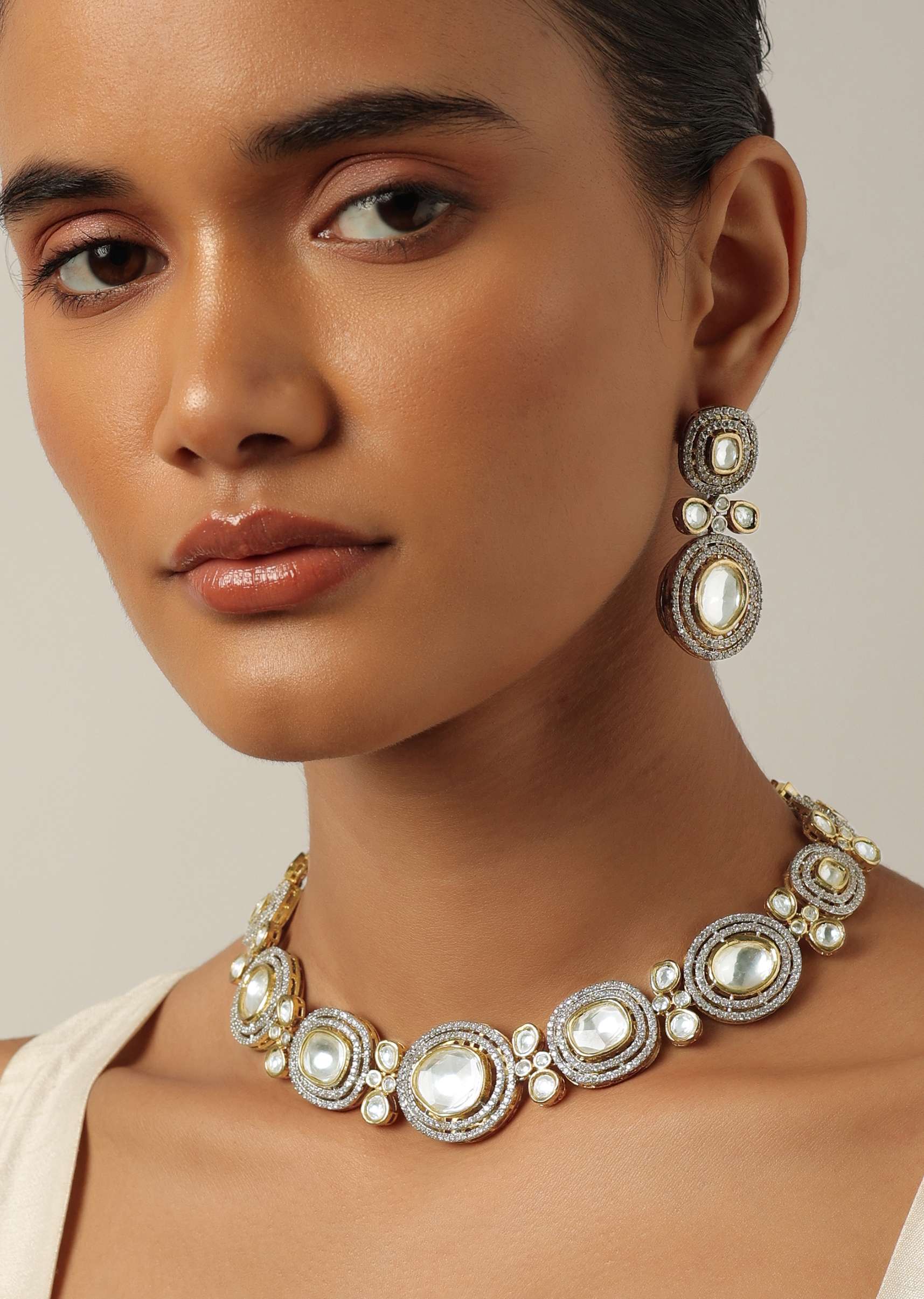 Gold Two Tone Necklace Set With Studded Polki - Image 3