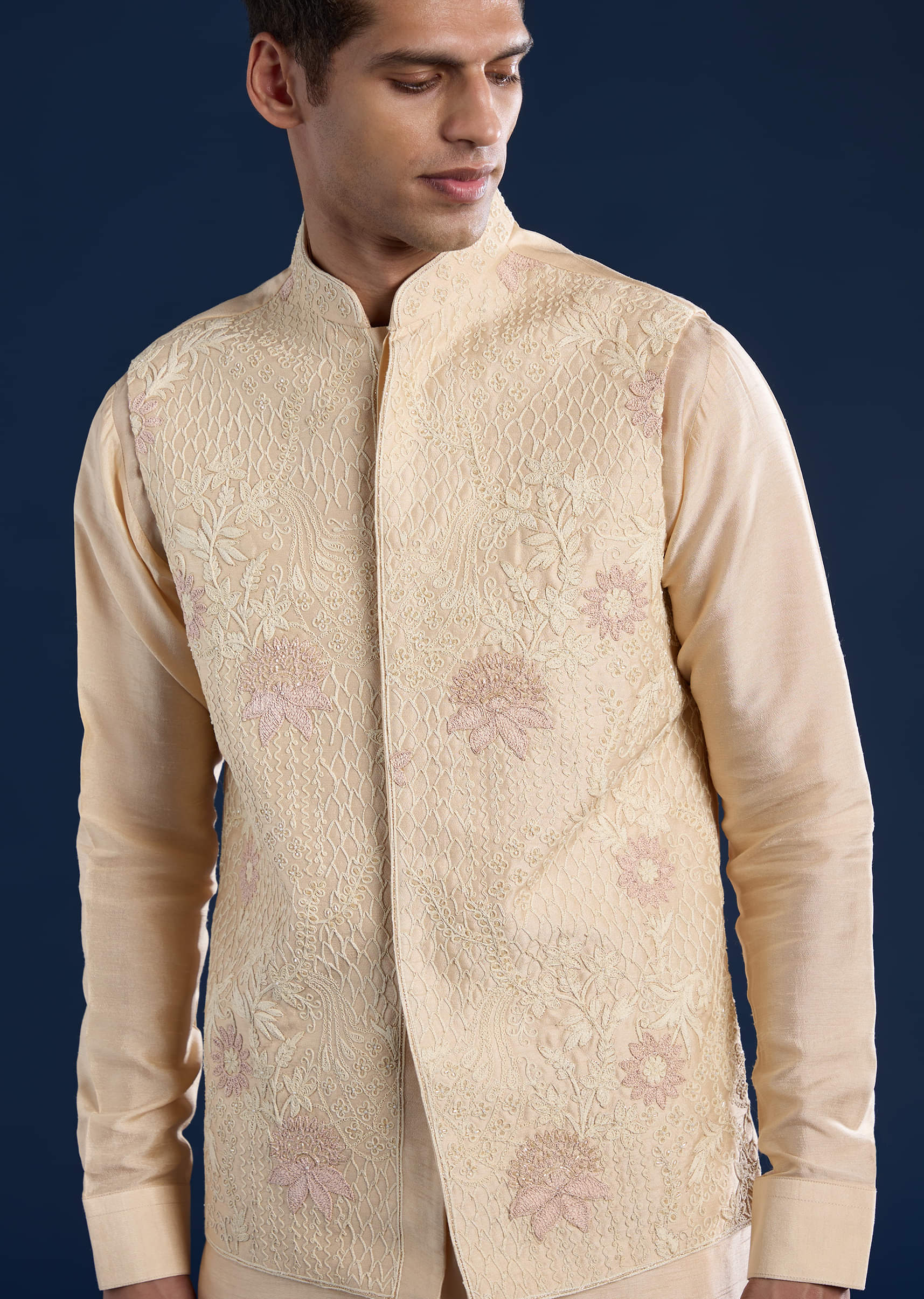 Gold Viscose Jacket Kurta Set with Dori Work - Image 2