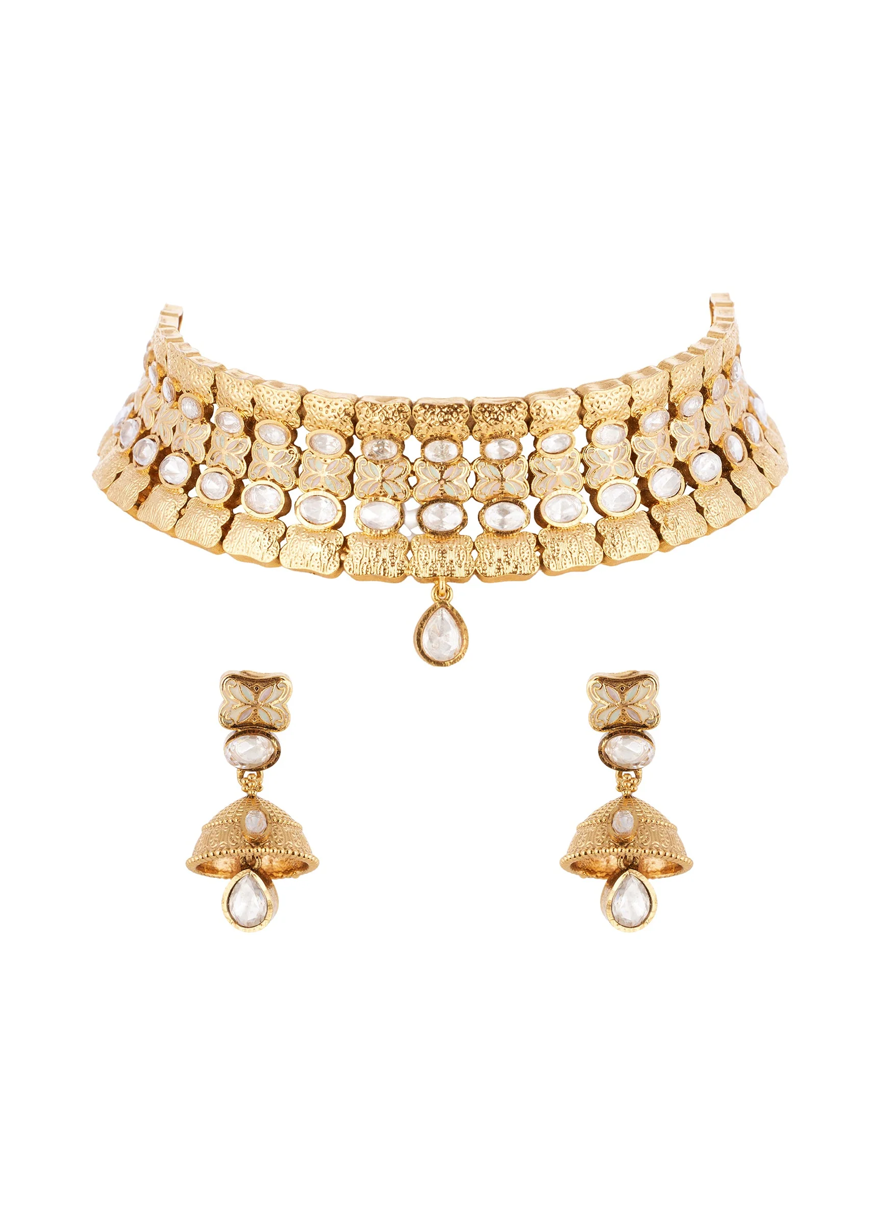 Gold White Necklace Set With Polished Kundan Detail - Image 2