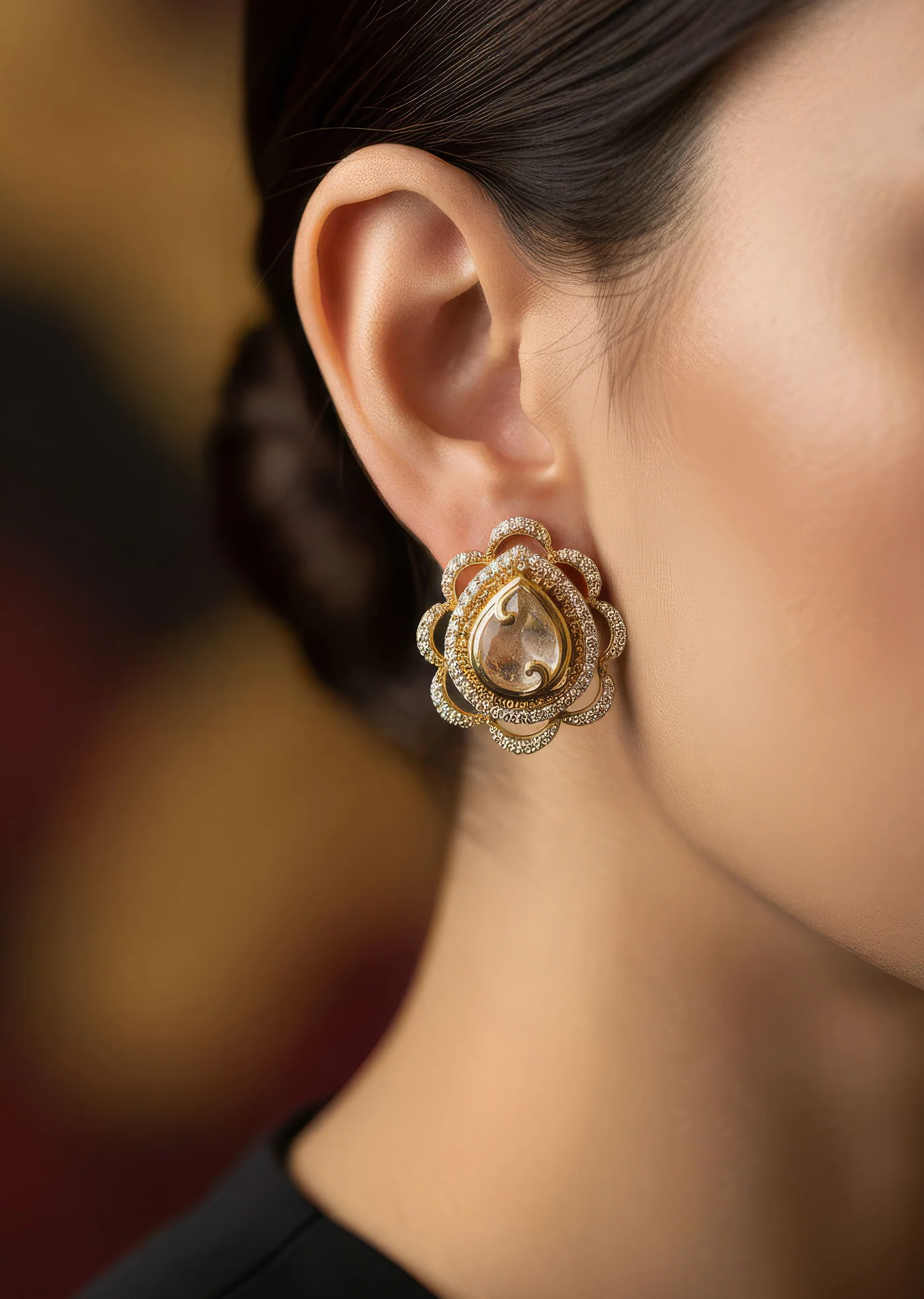 Gold White Polki Earrings With Detail