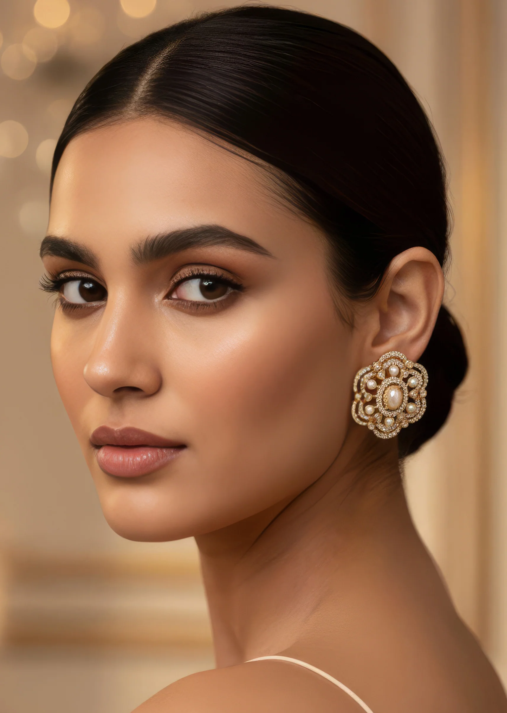 Gold White Polki Earrings With Intricate Detail