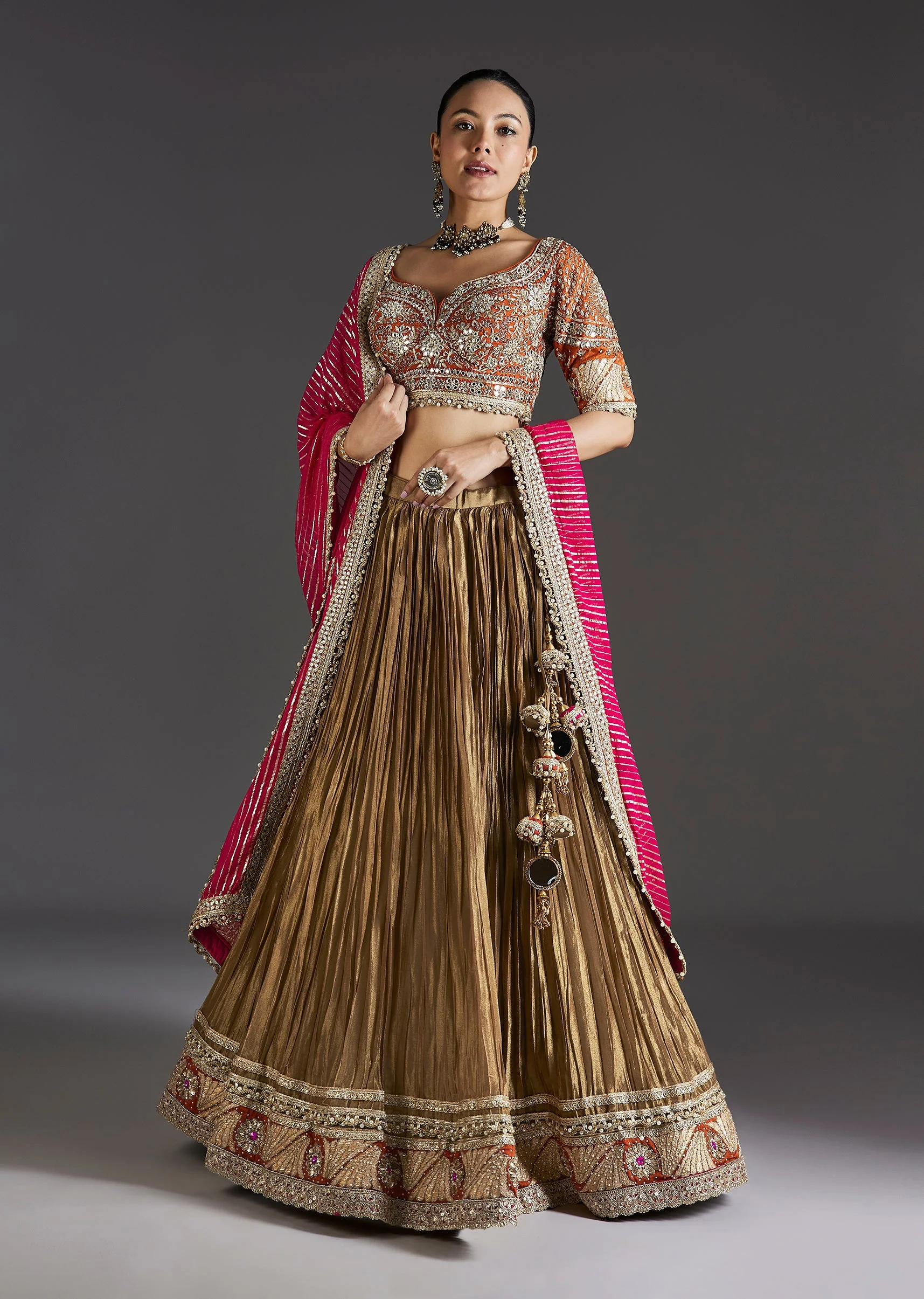 Gold Zardosi And Mirror Work Embroidered Lehenga