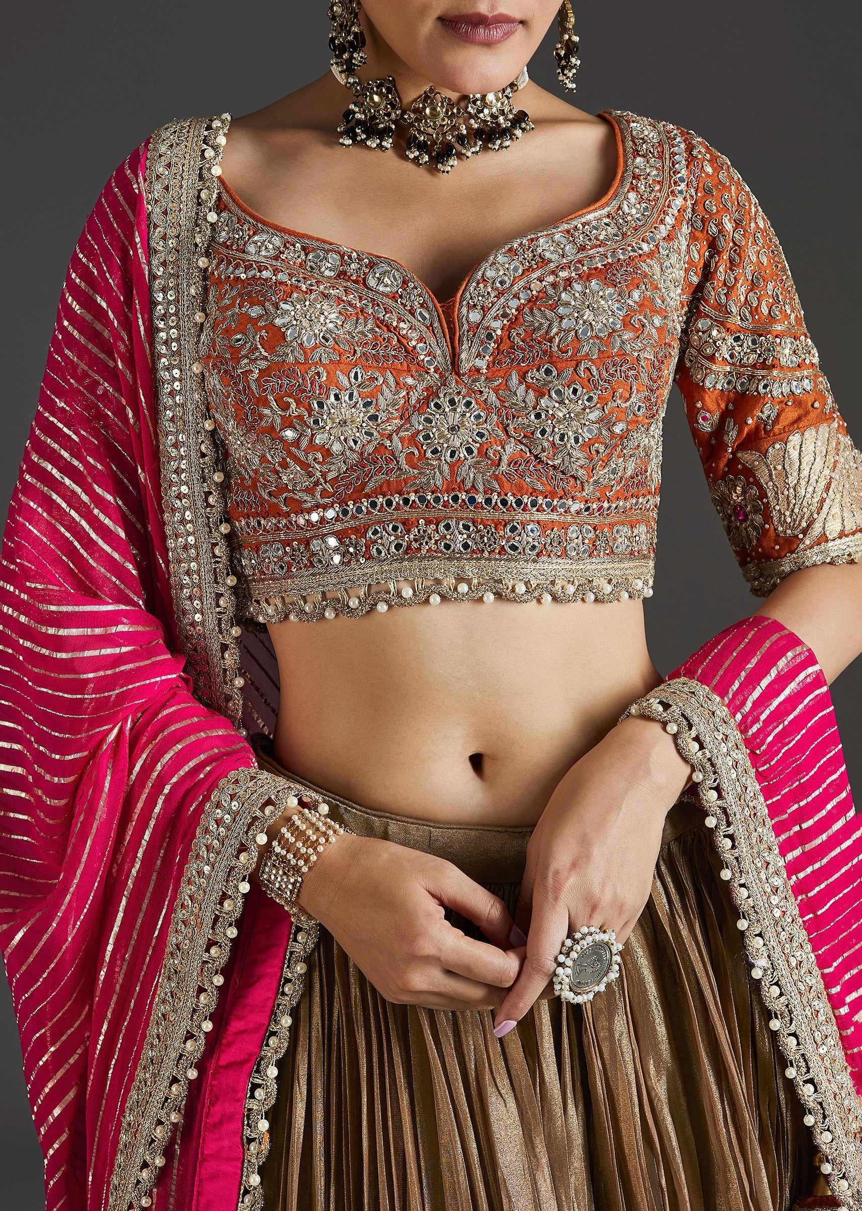 Gold Zardosi And Mirror Work Embroidered Lehenga - Image 3