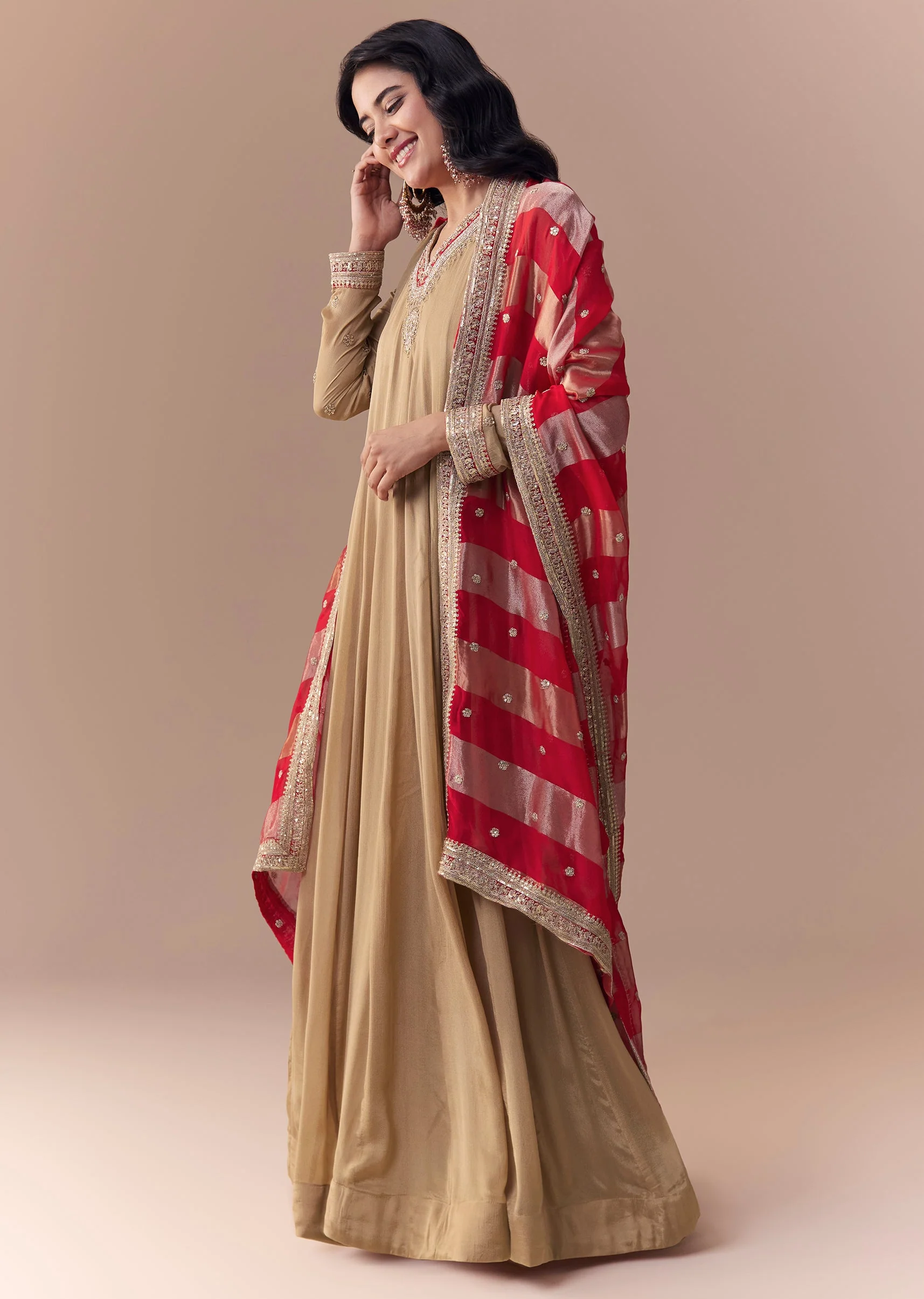 Gold Zardozi Embellished Anarkali with Dupatta - Image 3