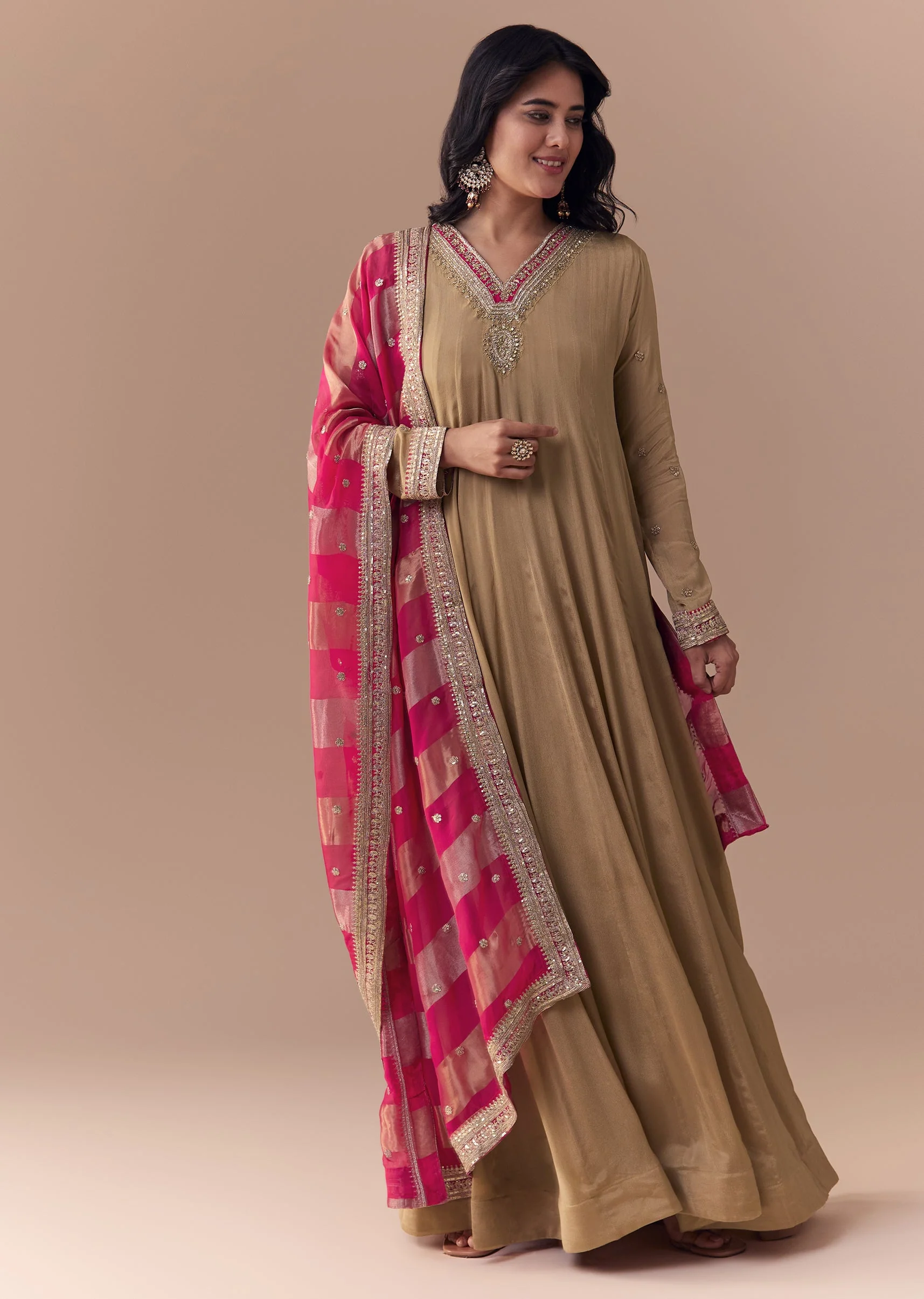 Gold Zardozi Embellished Chinon Anarkali with Dupatta - Image 3