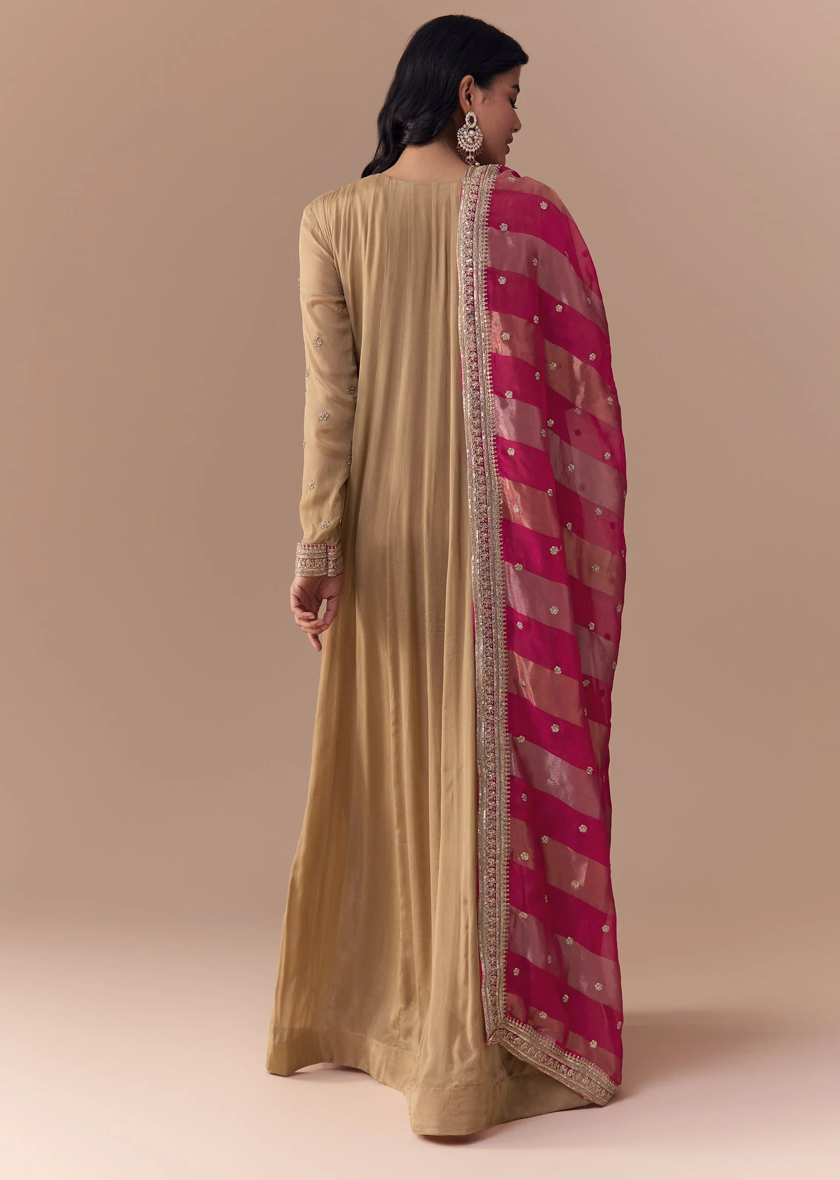 Gold Zardozi Embellished Chinon Anarkali with Dupatta - Image 4
