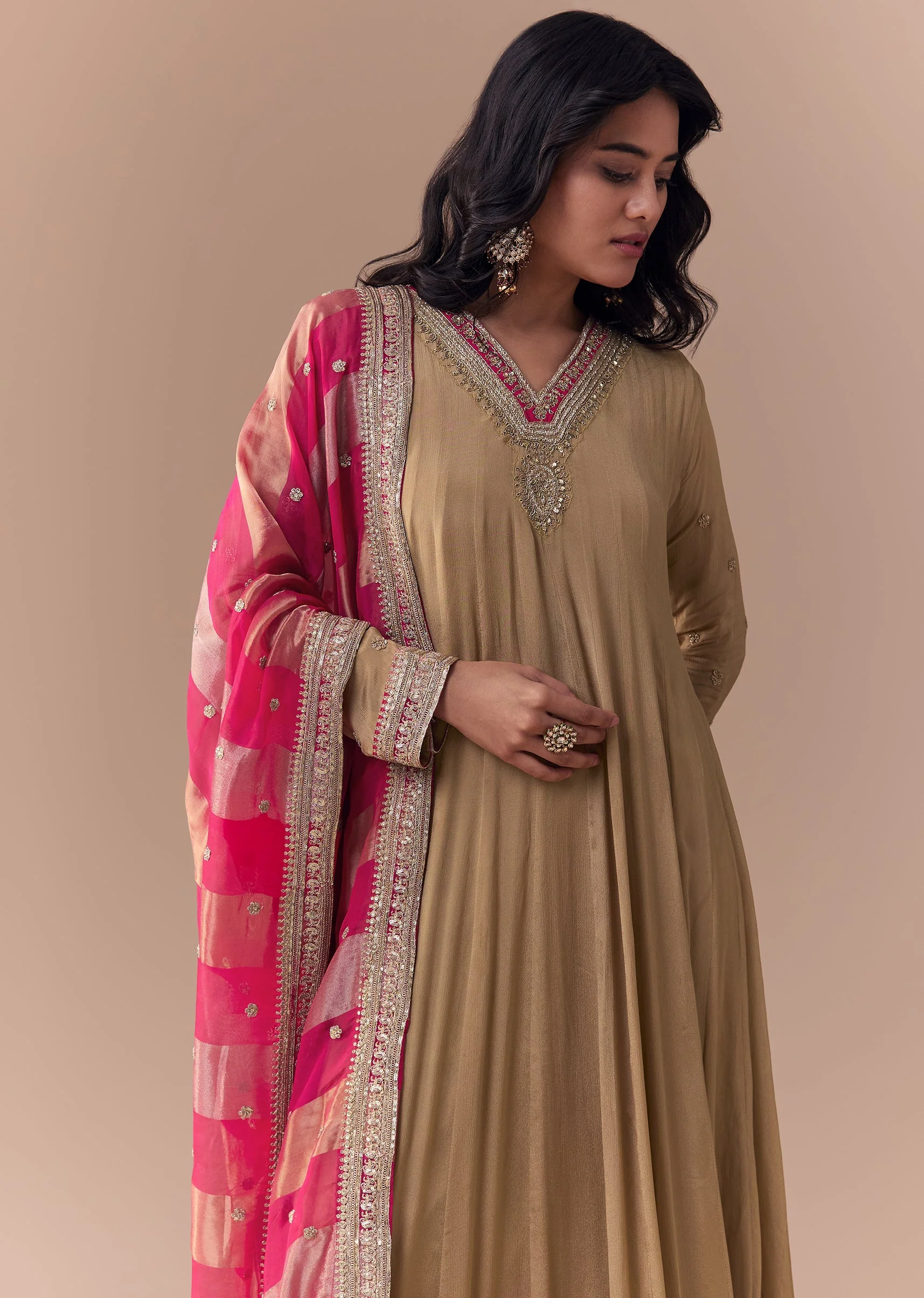 Gold Zardozi Embellished Chinon Anarkali with Dupatta - Image 5