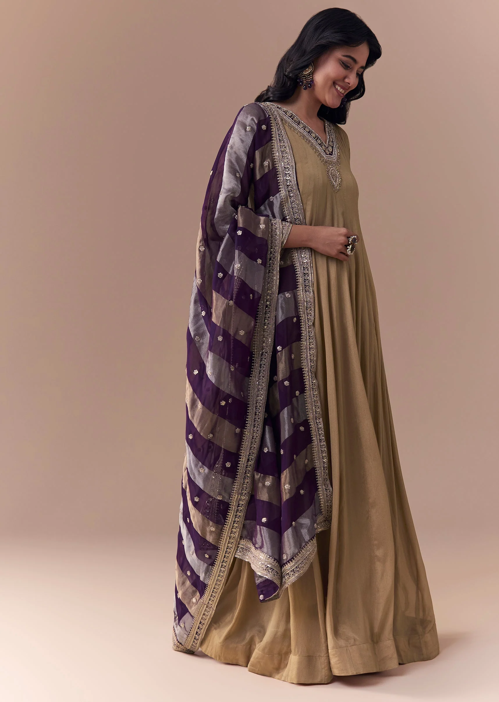 Gold Zardozi Work Anarkali with Dupatta - Image 3