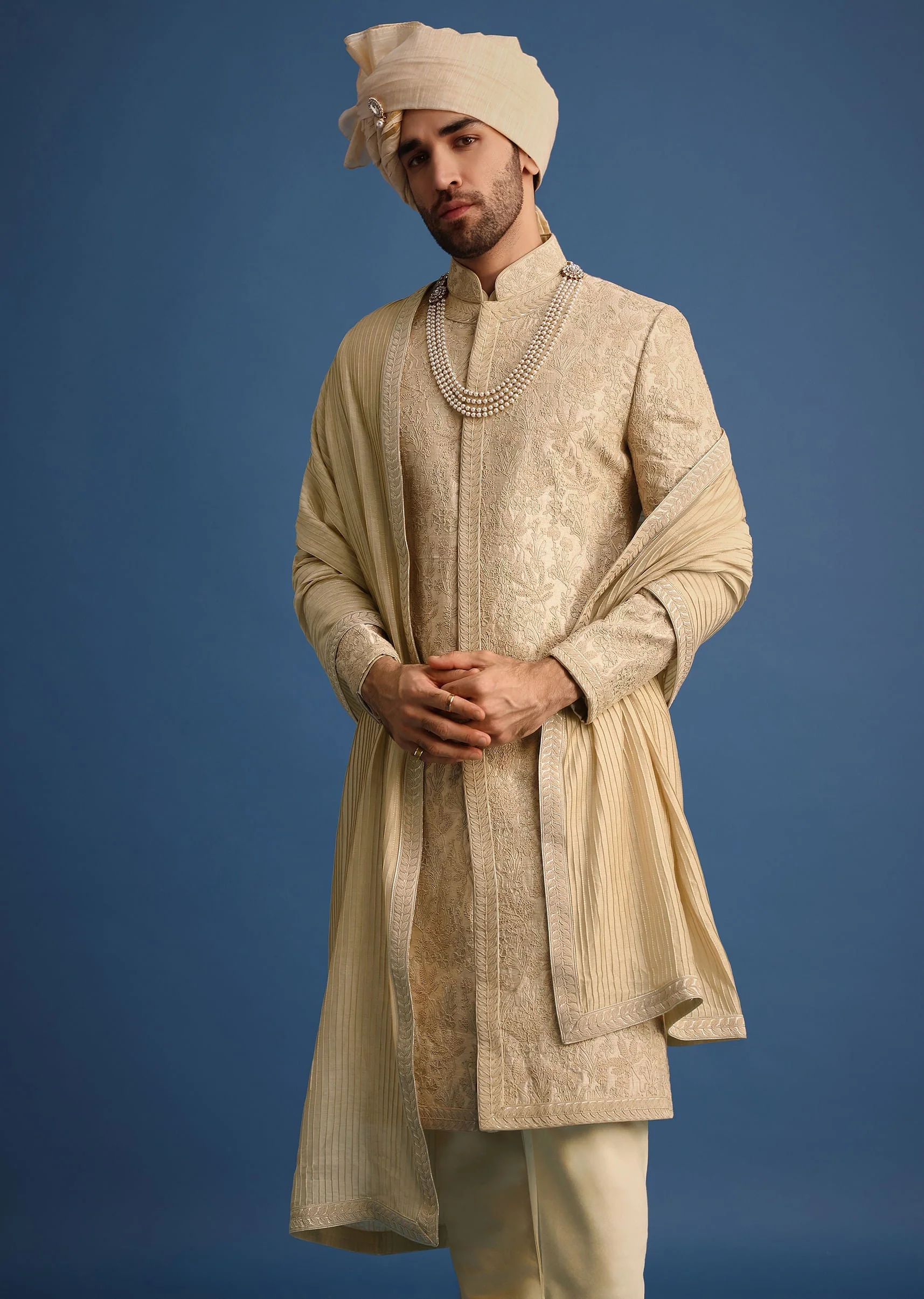 Gold Zari Embroidered Sherwani Suit With Mandarin Collar - Image 2