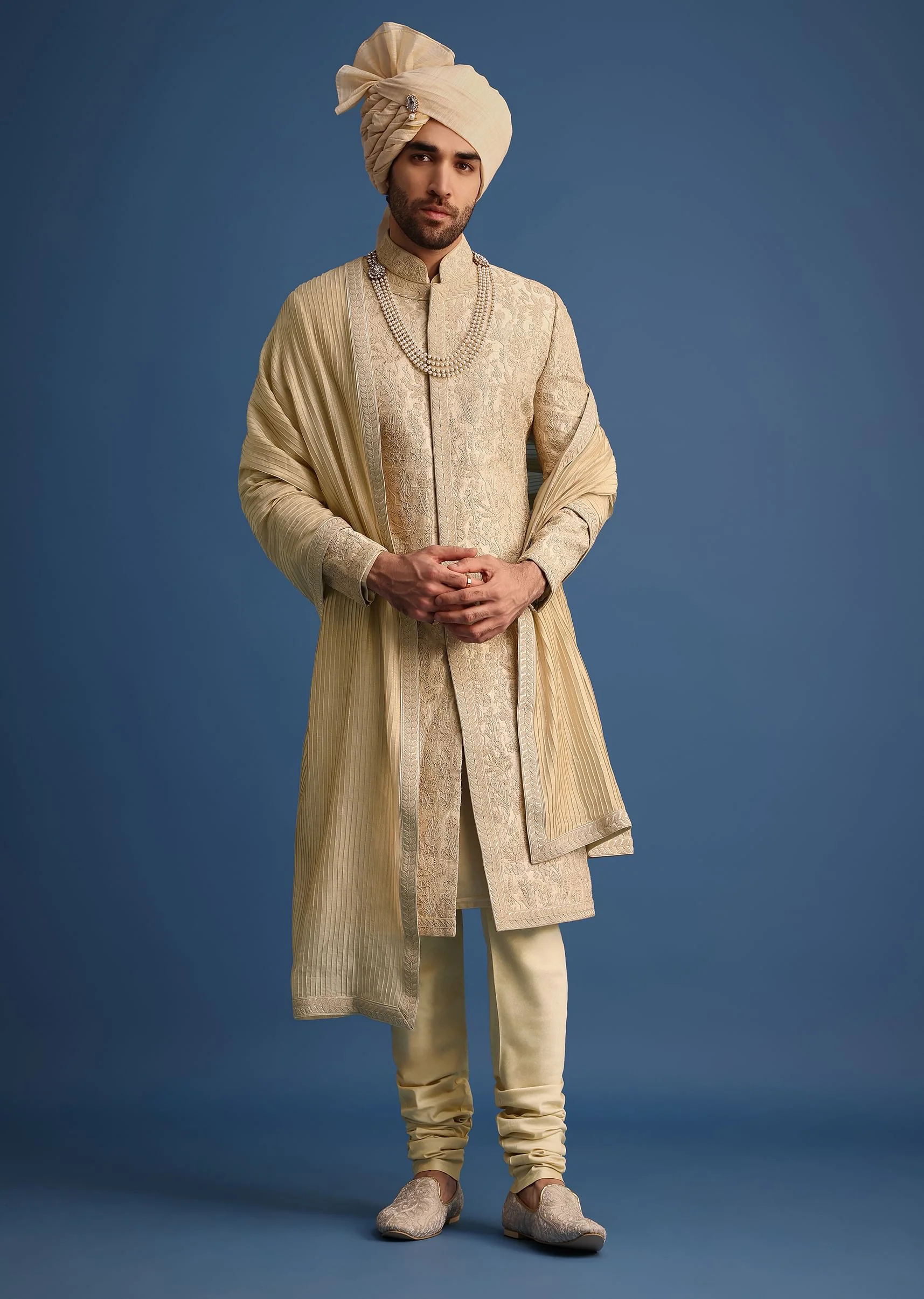 Gold Zari Embroidered Sherwani Suit With Mandarin Collar - Image 3