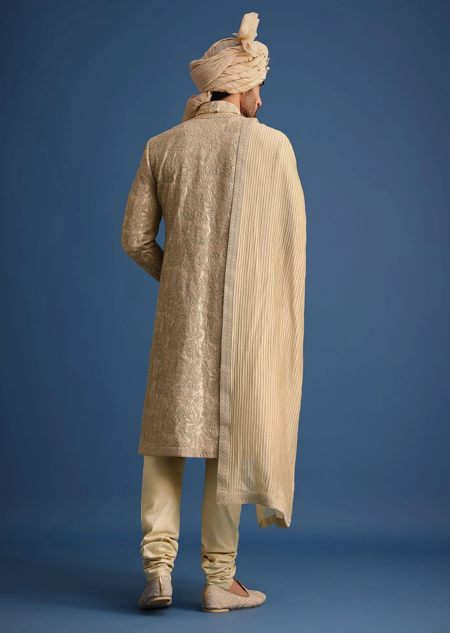 Gold Zari Embroidered Sherwani Suit With Mandarin Collar - Image 5