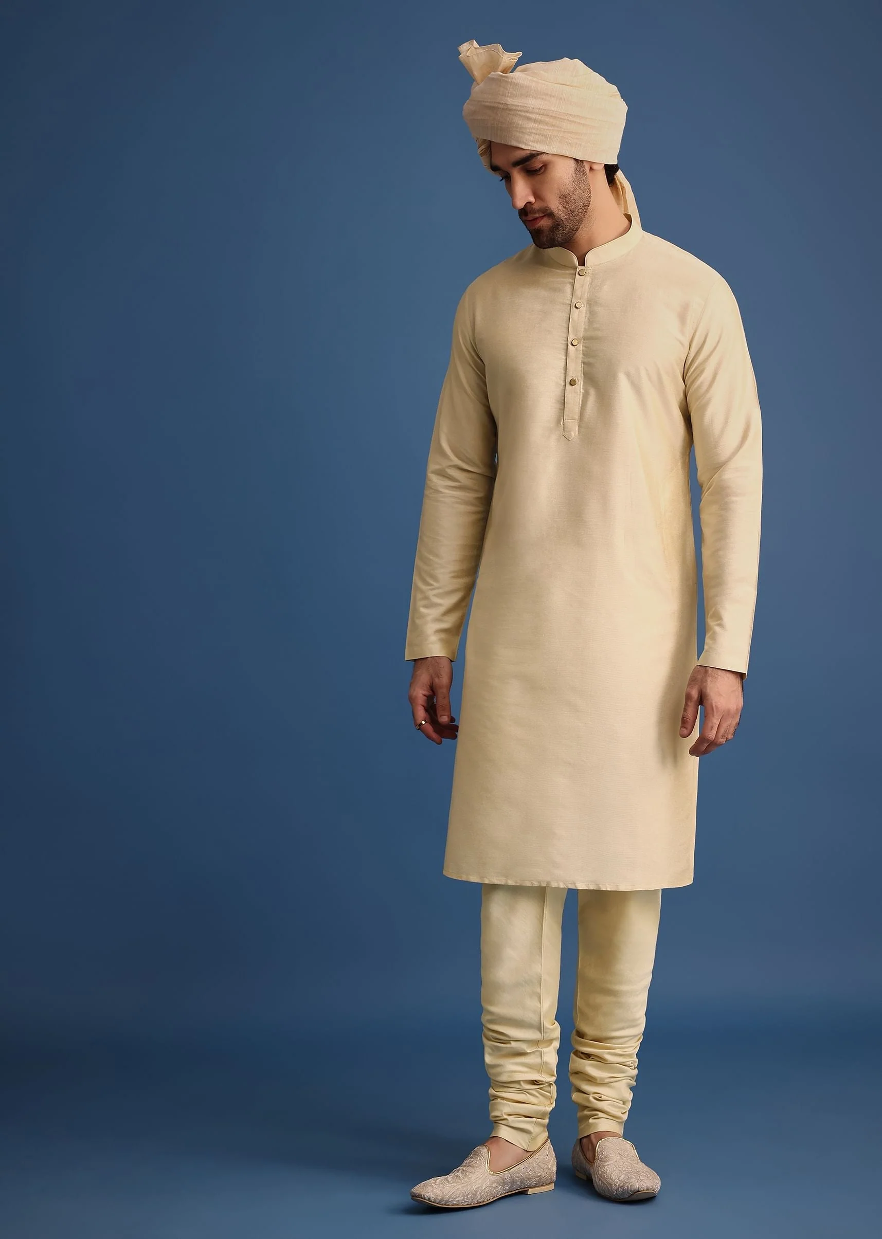 Gold Zari Embroidered Sherwani Suit With Mandarin Collar - Image 6