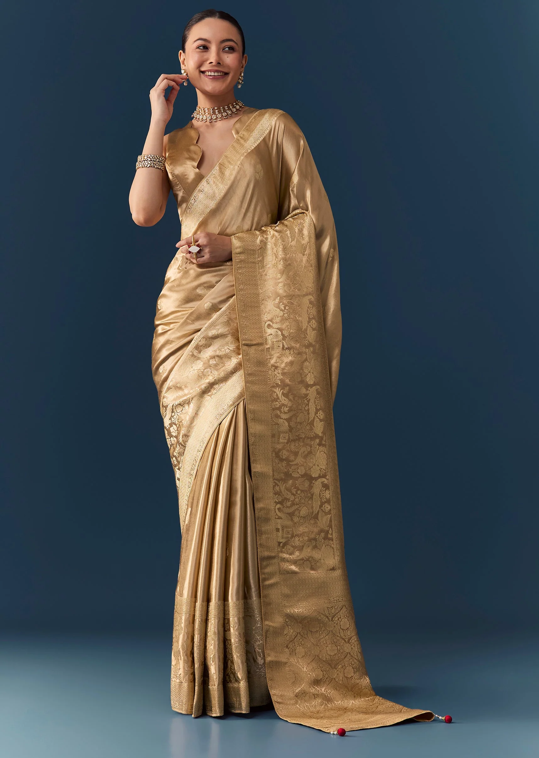 Gold Zari Weave Saree with Blouse Fabric - Image 3