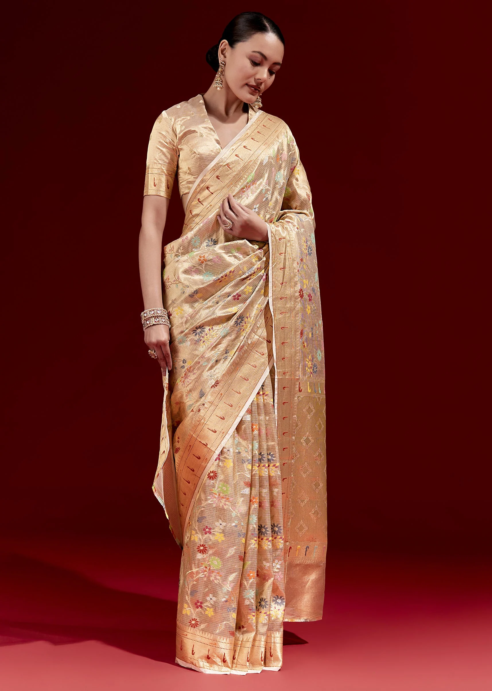 Golden Banarasi Tissue Saree With Multicolour Floral Weave And Paithani Motif Border