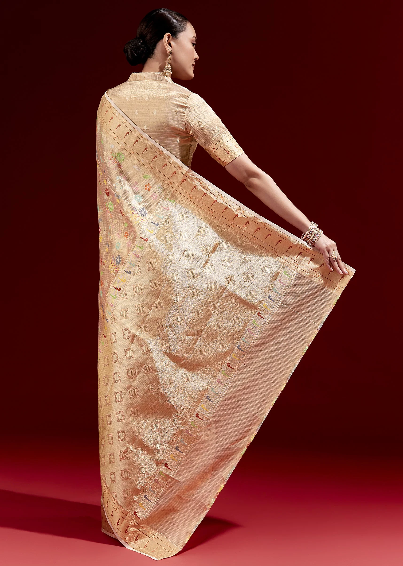 Golden Banarasi Tissue Saree With Multicolour Floral Weave And Paithani Motif Border - Image 4