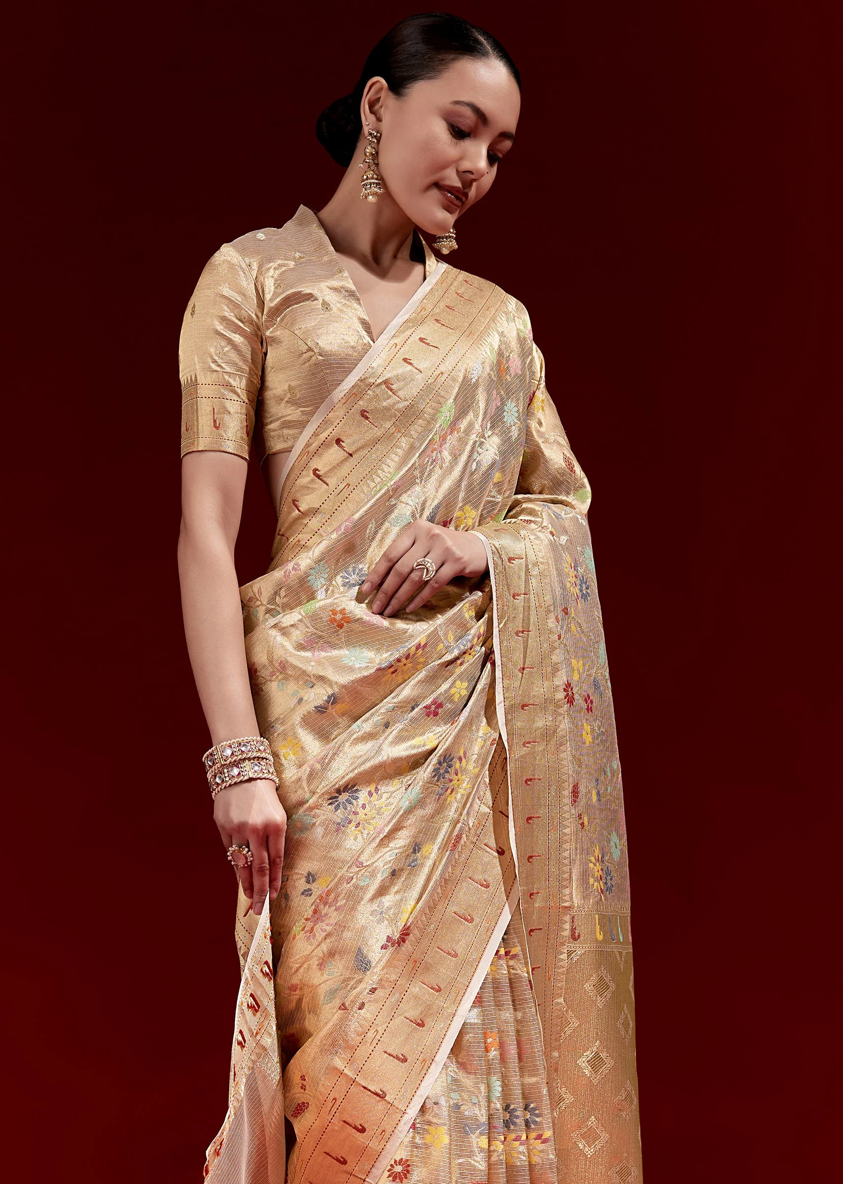 Golden Banarasi Tissue Saree With Multicolour Floral Weave And Paithani Motif Border - Image 5