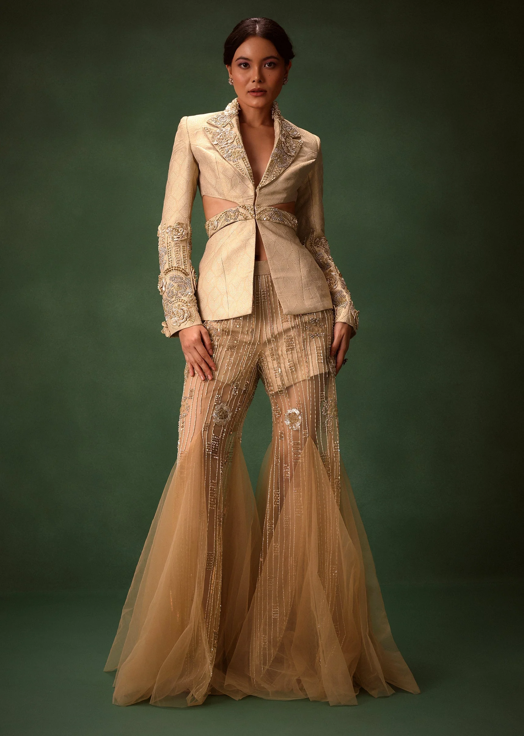 Golden Brocade Palazzo Suit With Frills - Image 2
