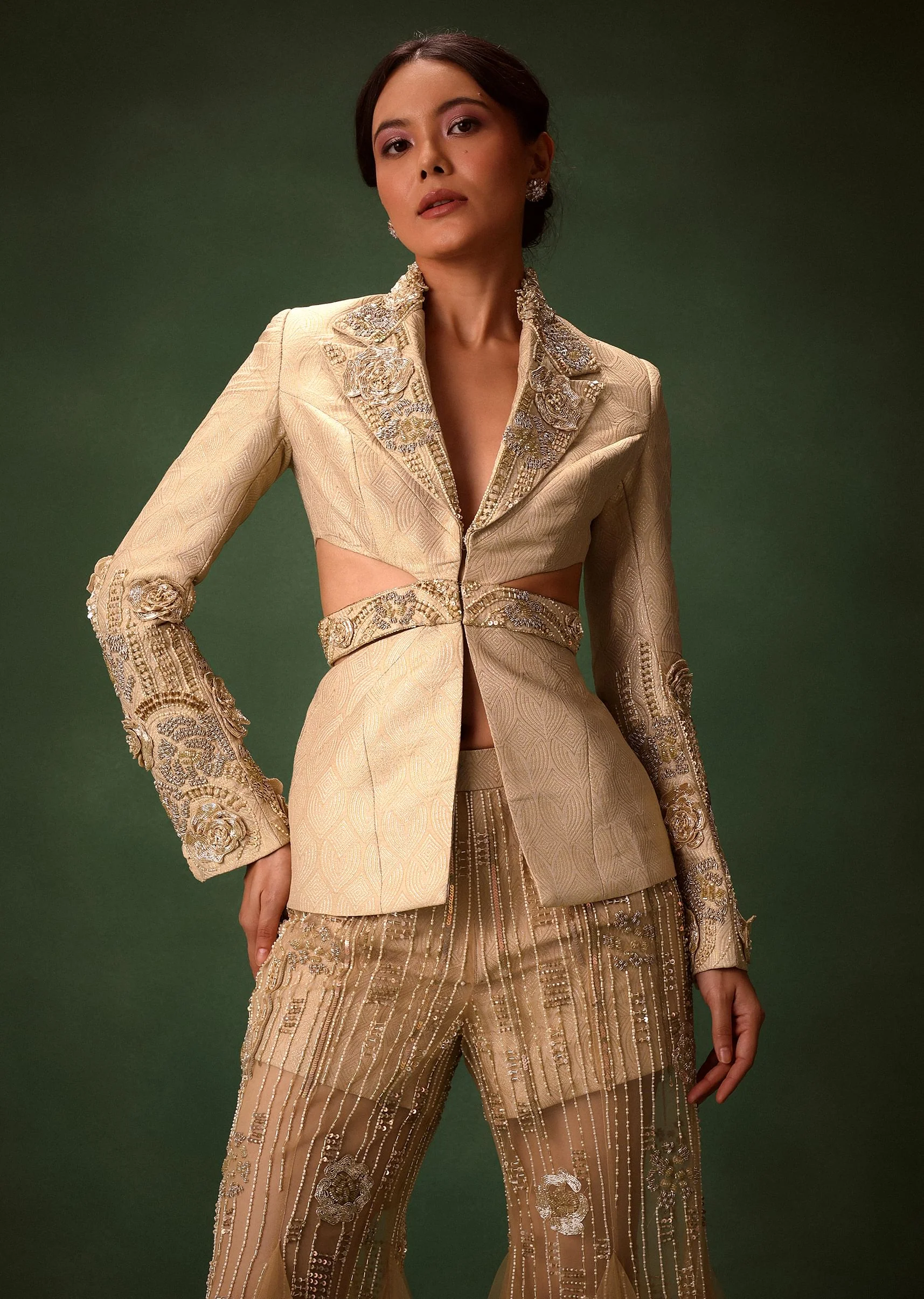 Golden Brocade Palazzo Suit With Frills - Image 3