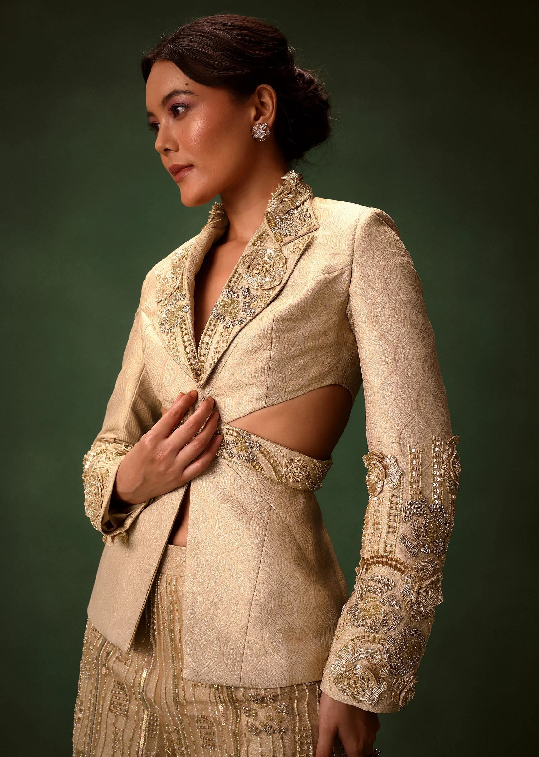 Golden Brocade Palazzo Suit With Frills - Image 5