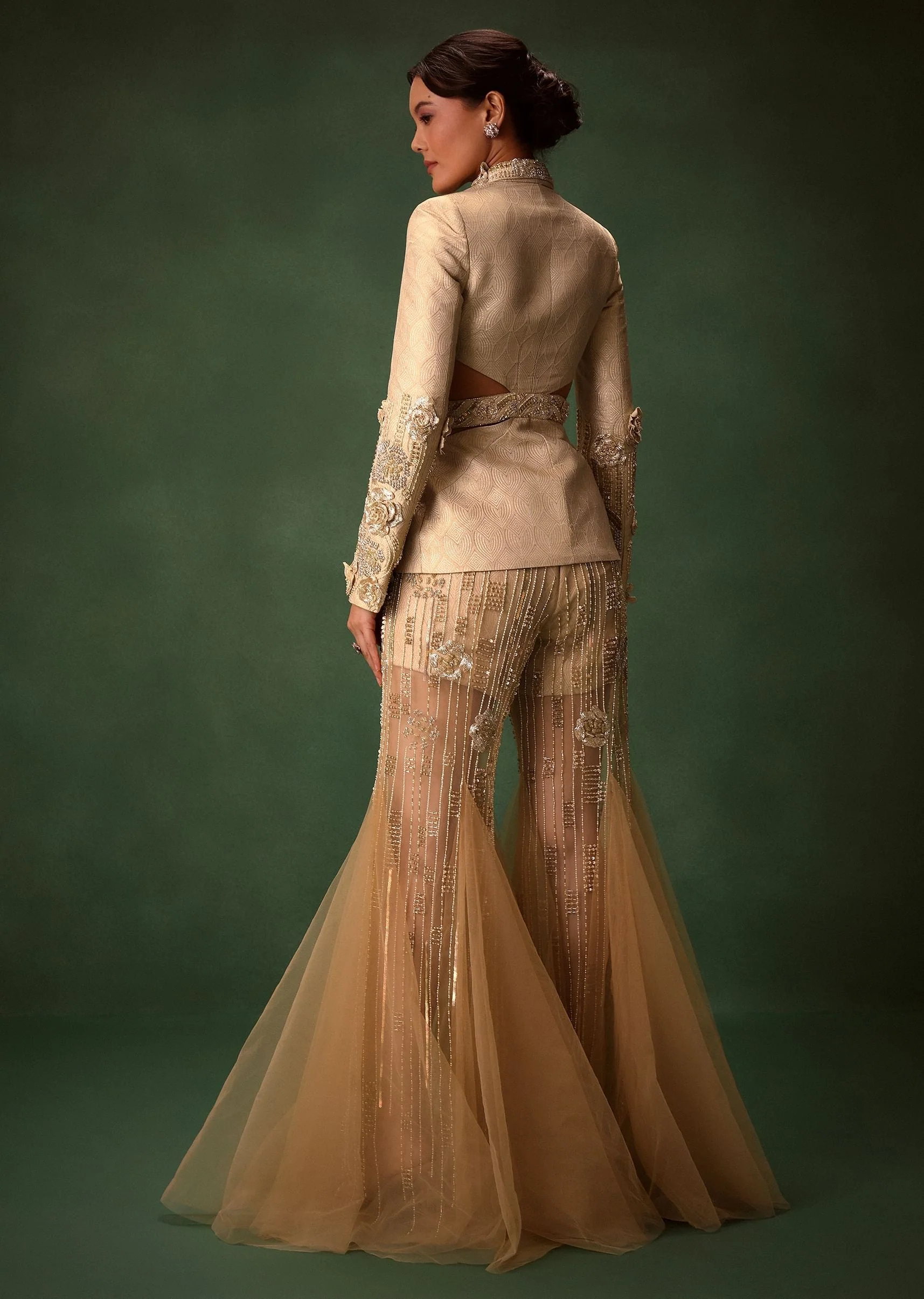 Golden Brocade Palazzo Suit With Frills - Image 6