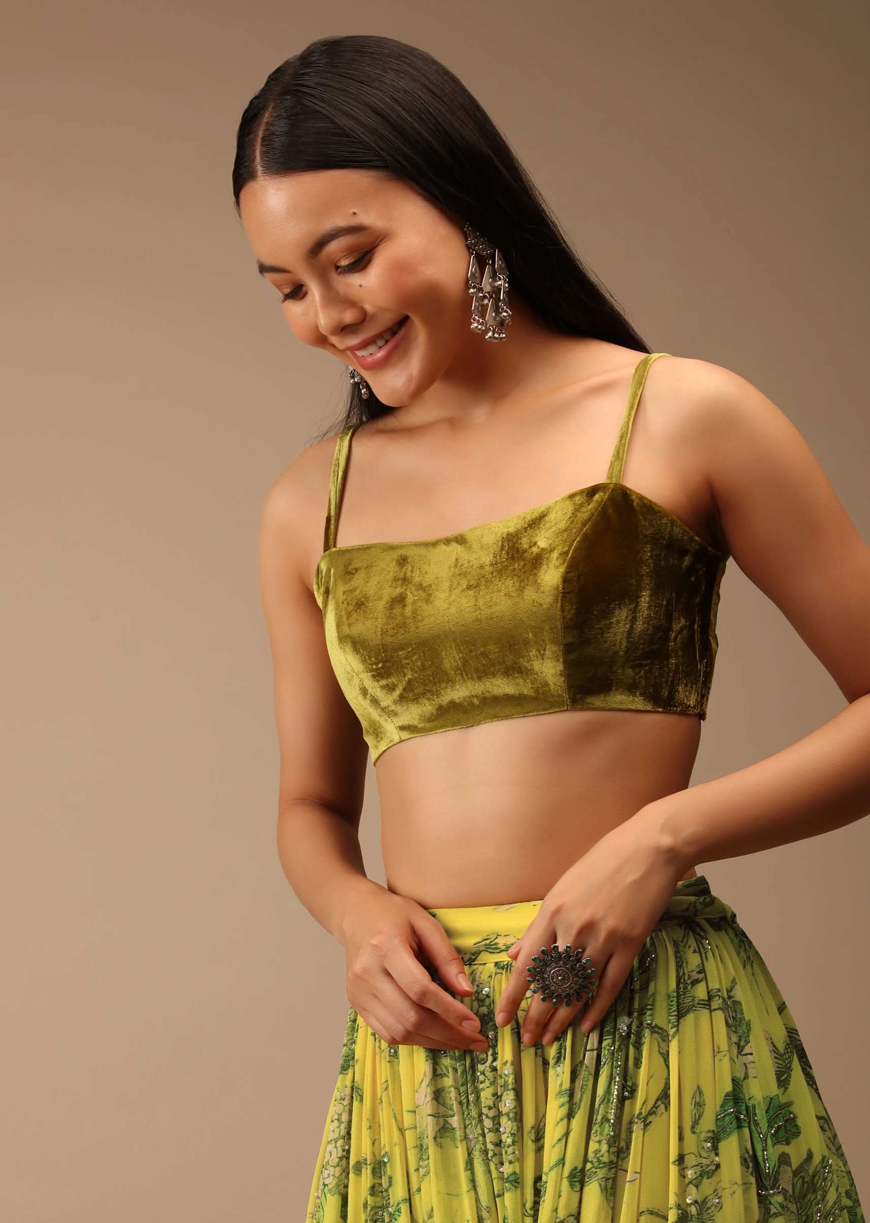 Golden Olive Green Blouse In Velvet With Strap Sleeves And Straight Across Neckline - Image 3