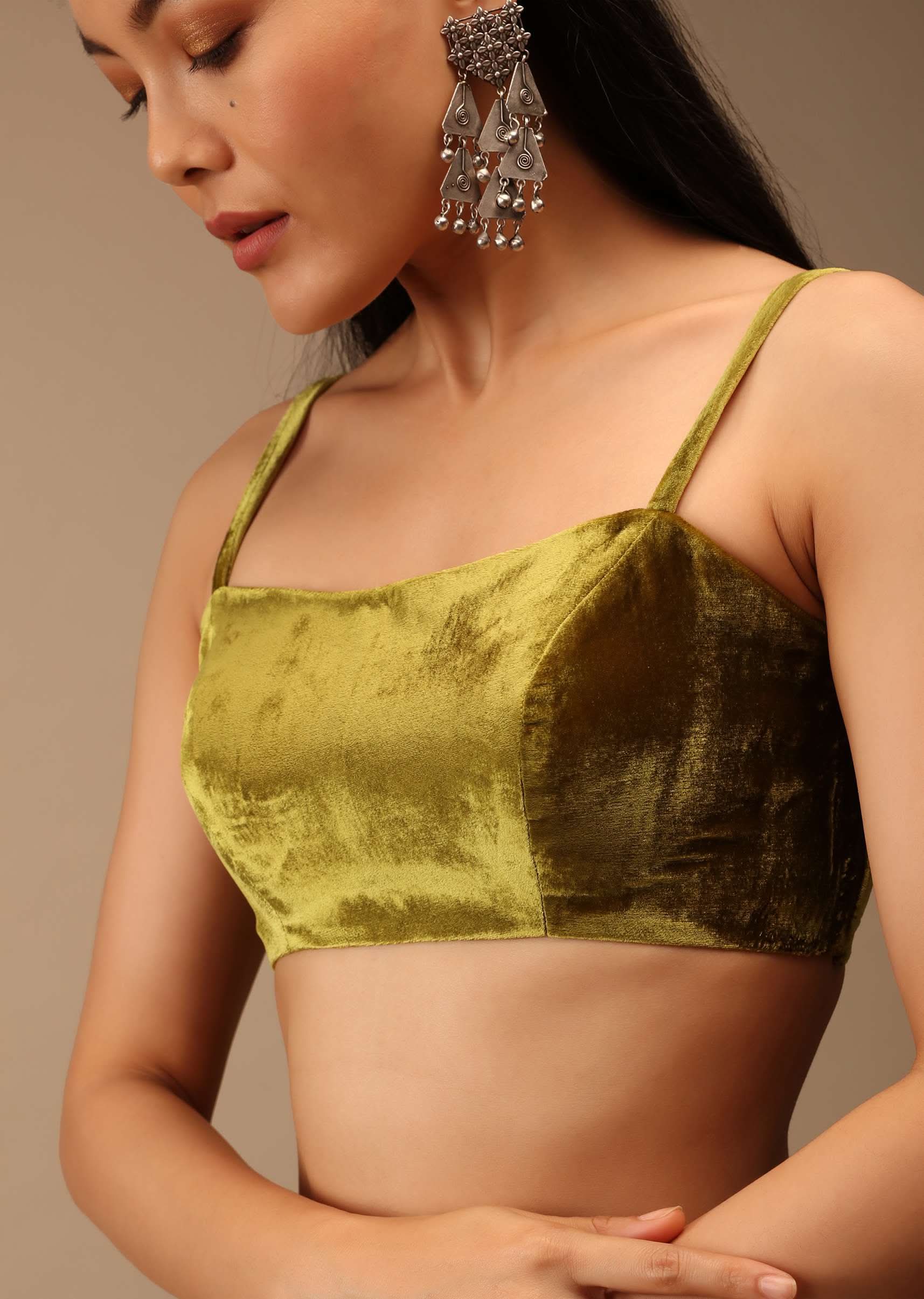 Golden Olive Green Blouse In Velvet With Strap Sleeves And Straight Across Neckline - Image 4