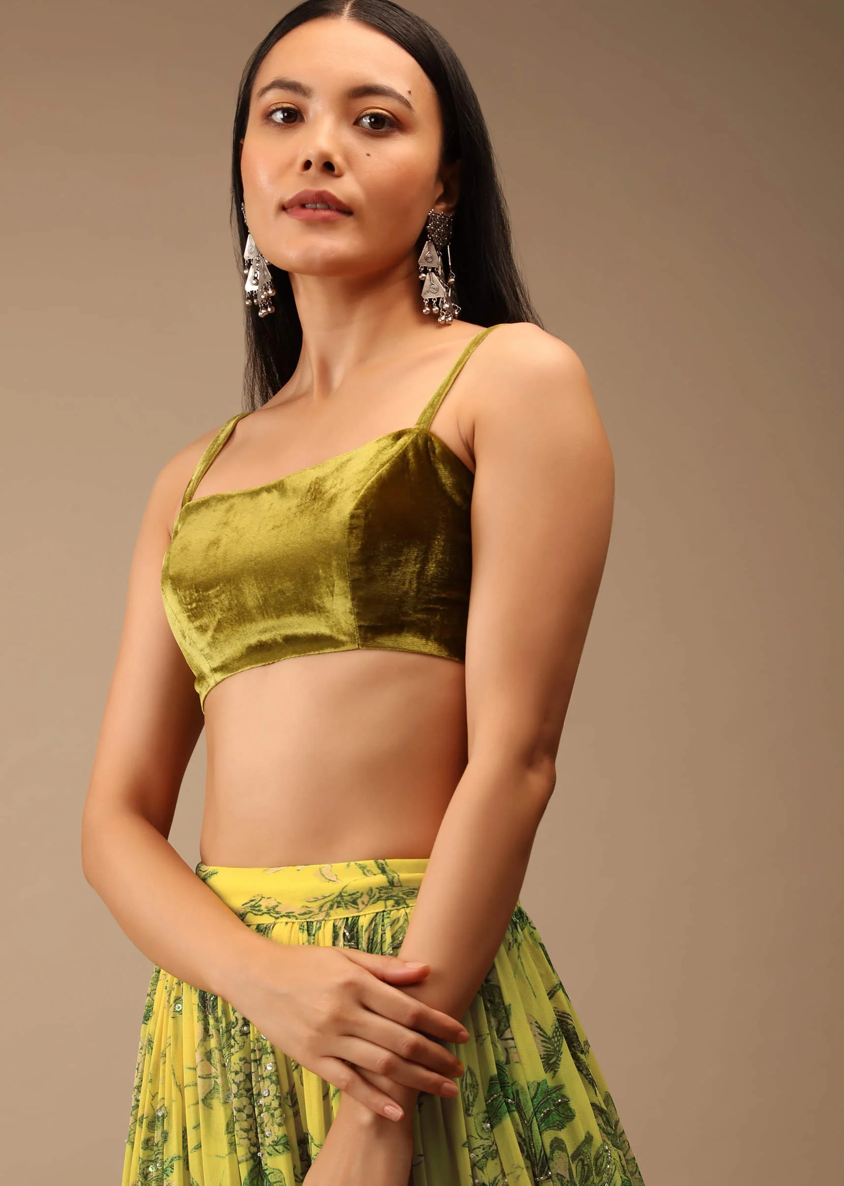 Golden Olive Green Blouse In Velvet With Strap Sleeves And Straight Across Neckline - Image 5