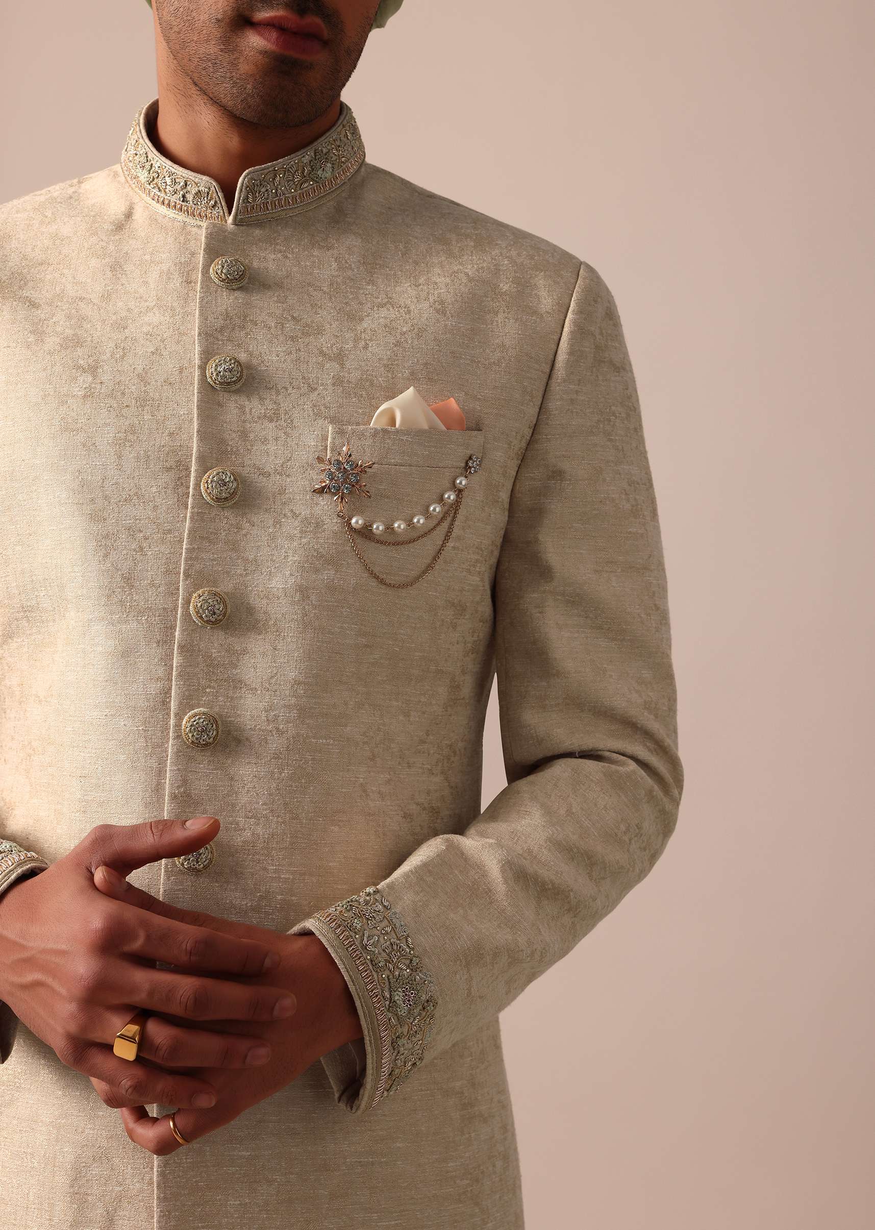 Golden Sherwani Set With Exquisite Embroidery Work - Image 3