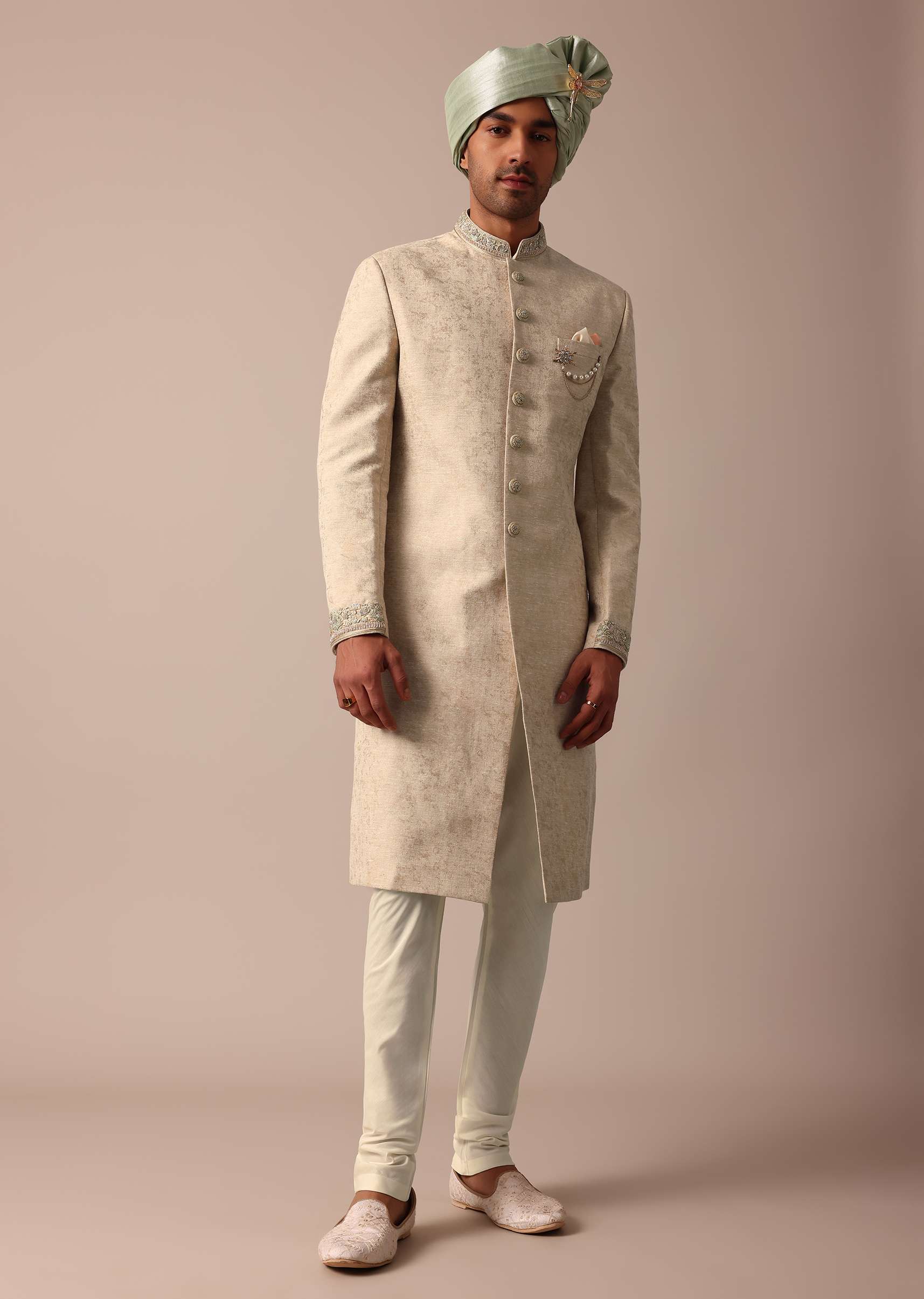 Golden Sherwani Set With Exquisite Embroidery Work - Image 4